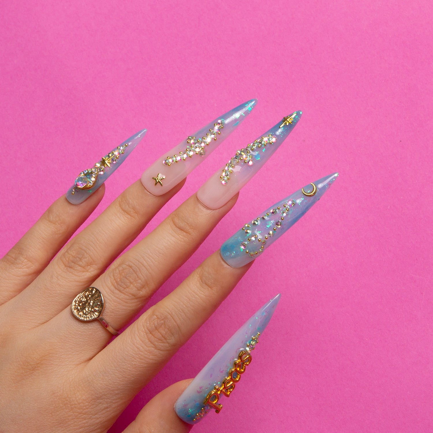 Pisces Blue Handmade Stiletto Nails H157 RTS