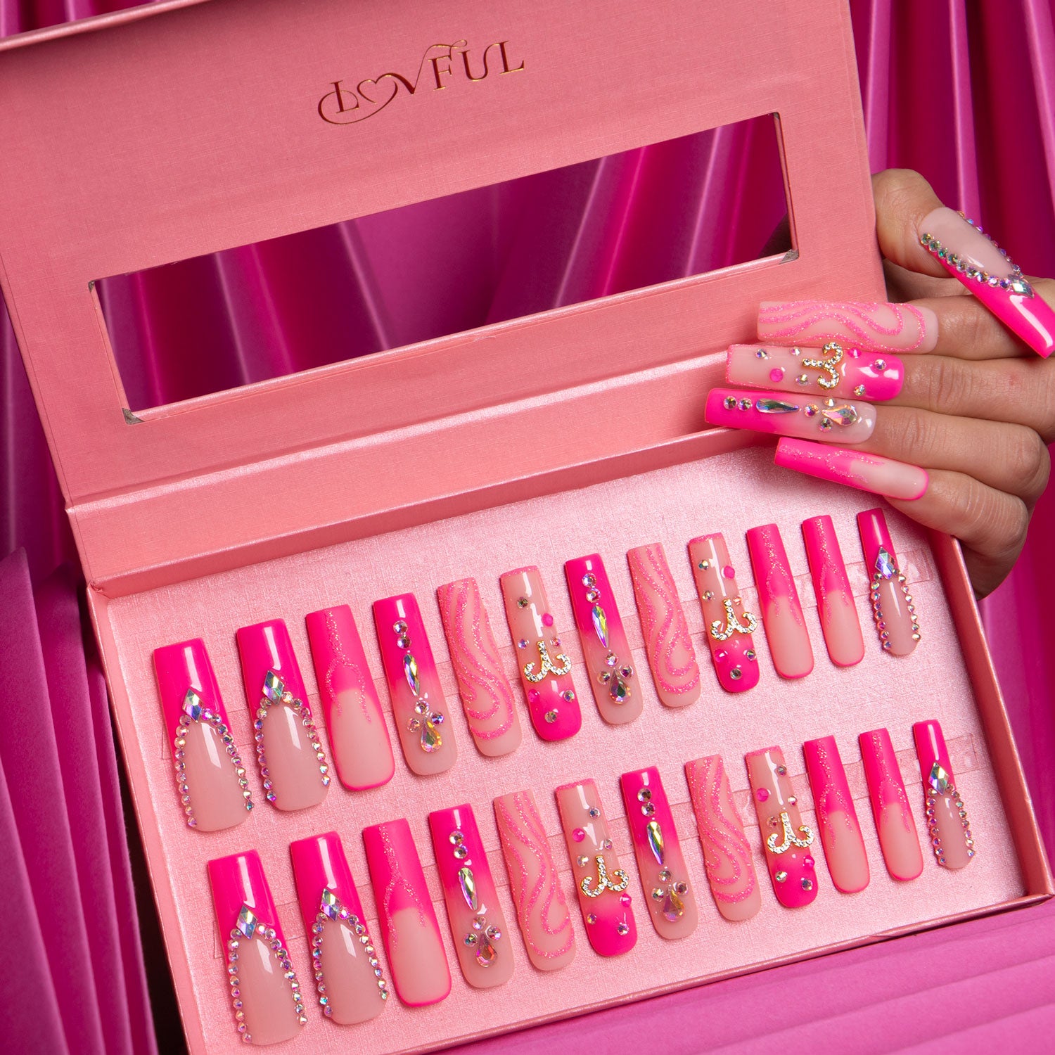 Aries Press-On Nails - Hot Pink Rhinestone Design