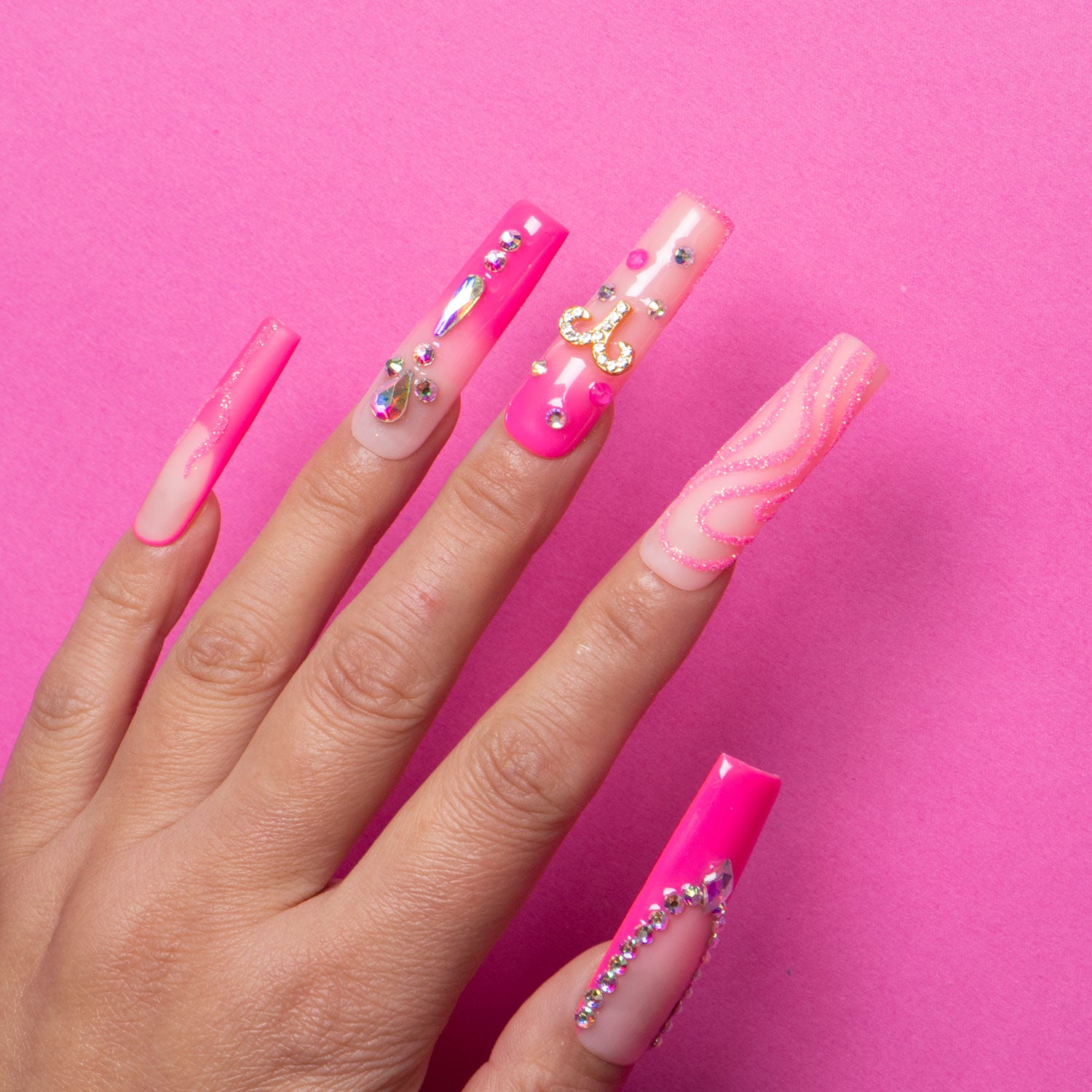 Aries Press-On Nails: Hot Pink Acrylic, Rhinestones