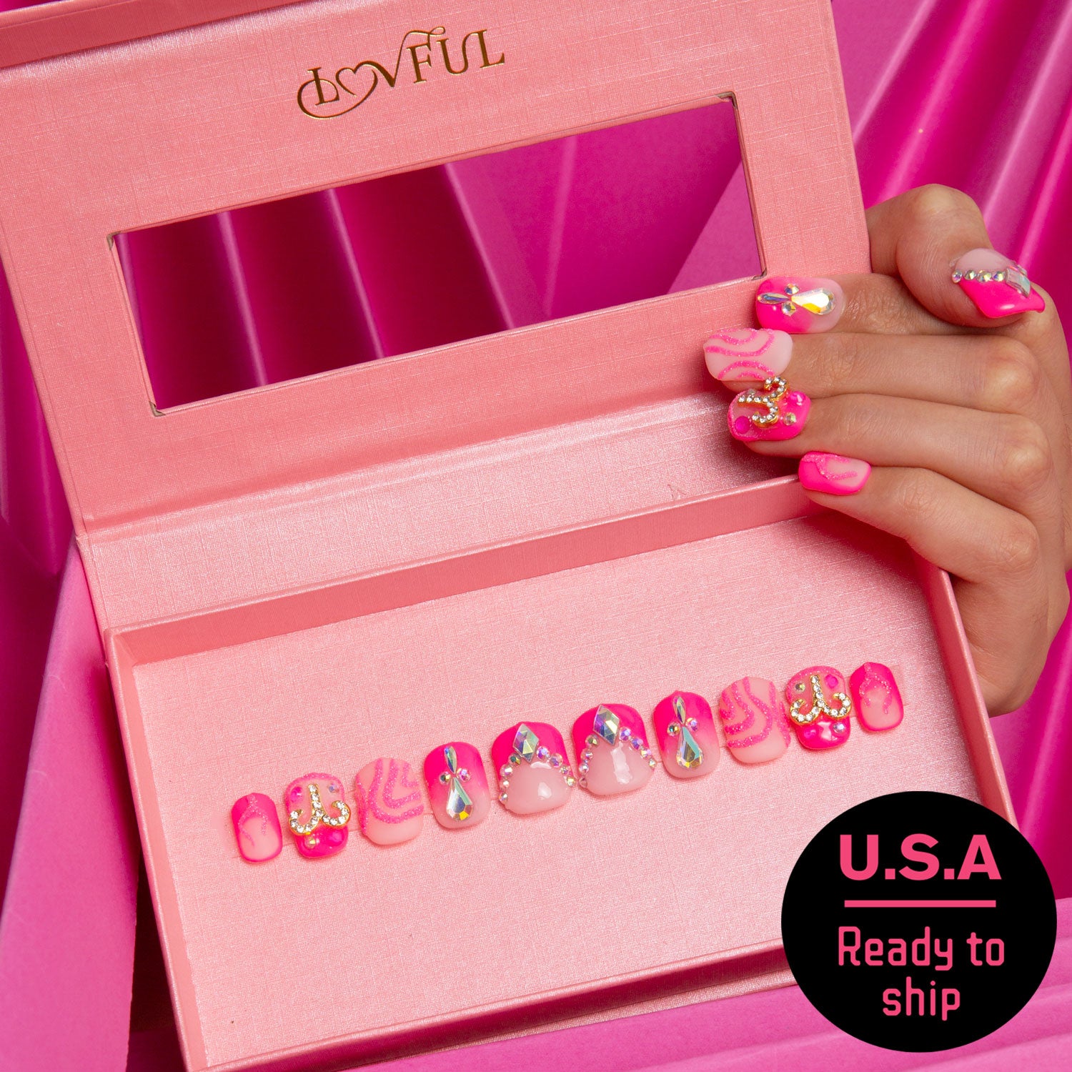 Aries Press-On Nails - Hot Pink Rhinestone Design - Ready to Ship