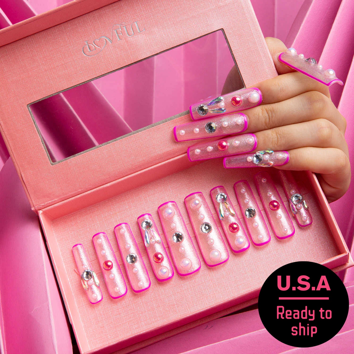 After School Square Press-On Nails with Glitter and Gemstones - Ready to Ship