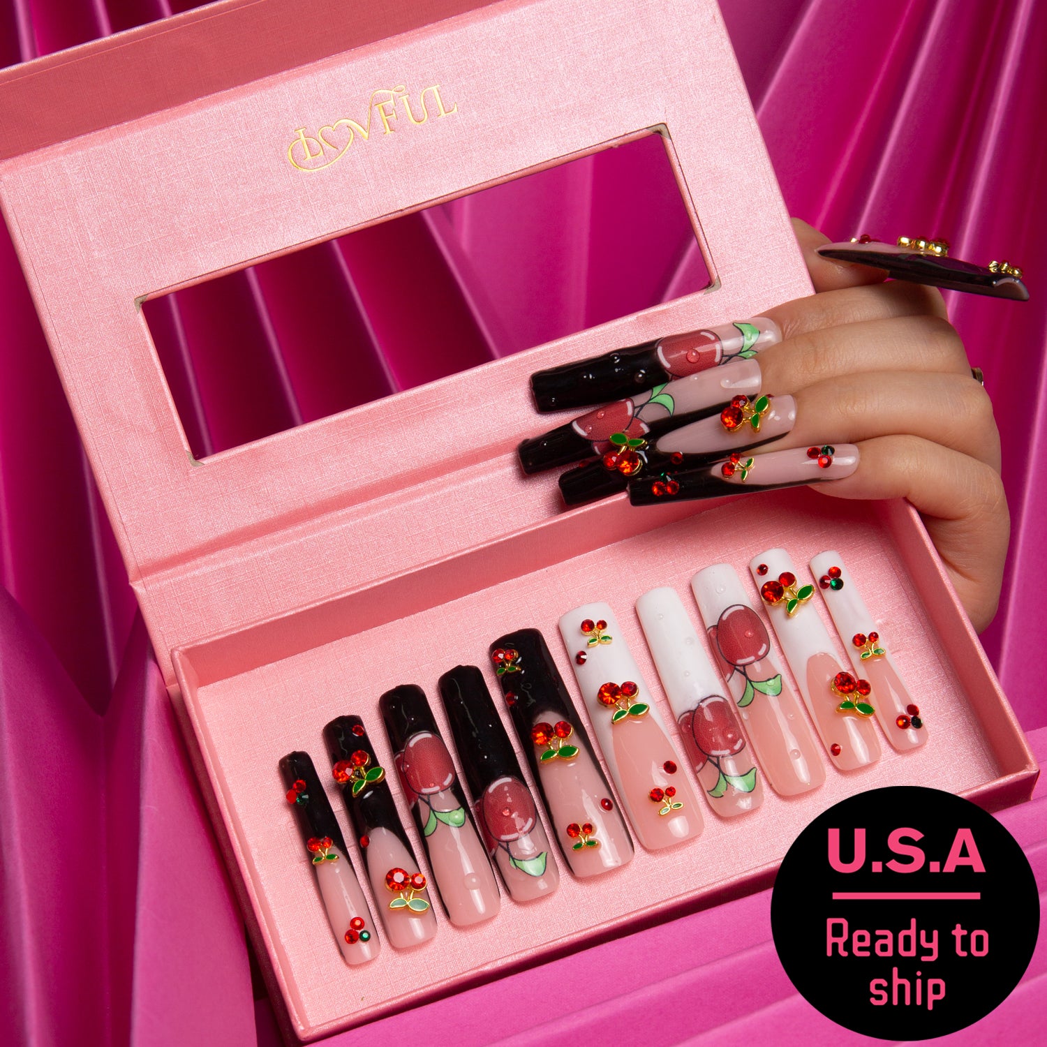 My Sweetie French Tip Press-On Nails with Cherries, Ready to Ship