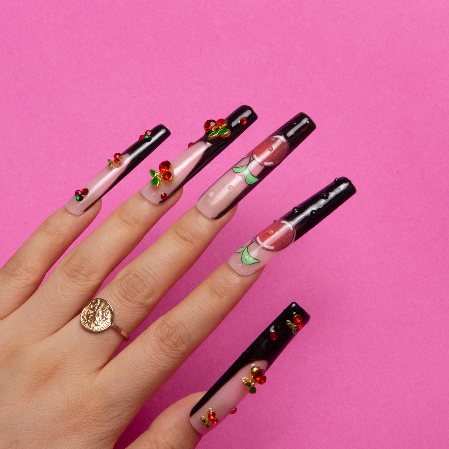 French tip press-on nails with cherries and gemstones