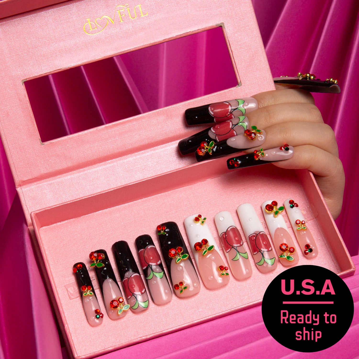 Cherry French Tip Press-On Nails - My Sweetie Collection - Ready to Ship