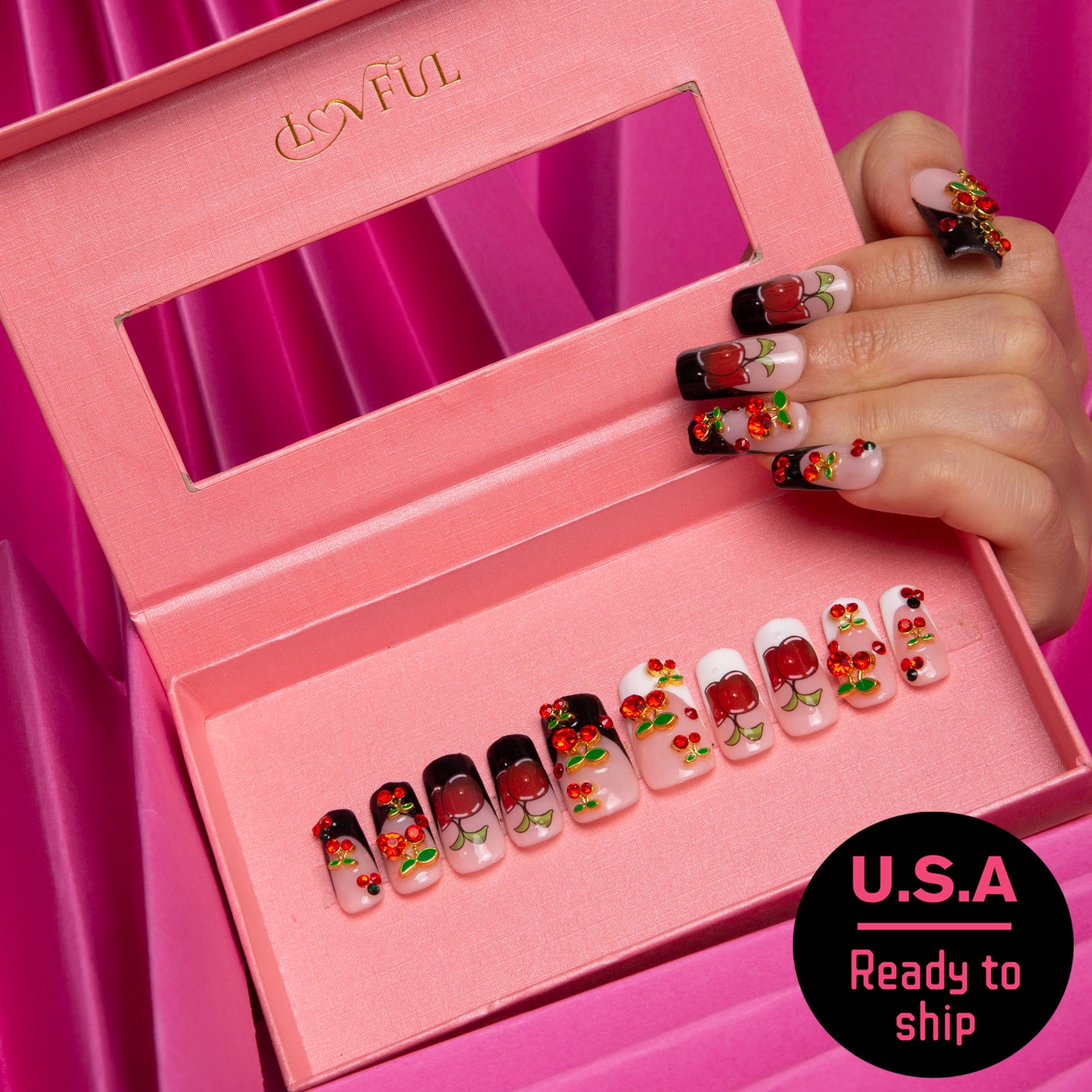 Cherry French Tip Press-On Nails - My Sweetie Collection, Ready to Ship