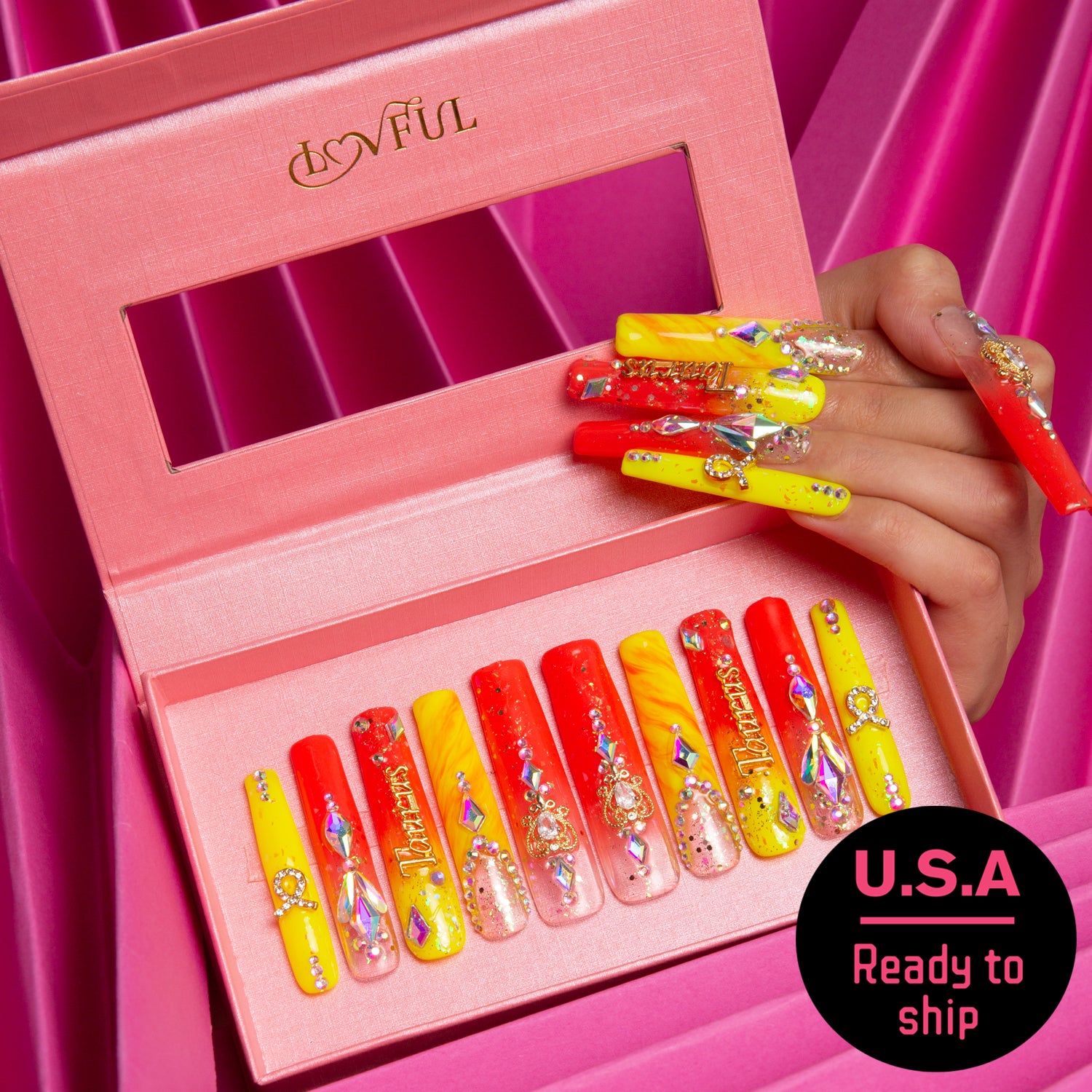 Taurus Press-On Nails, bright orange and yellow, gemstone accents, Ready to ship