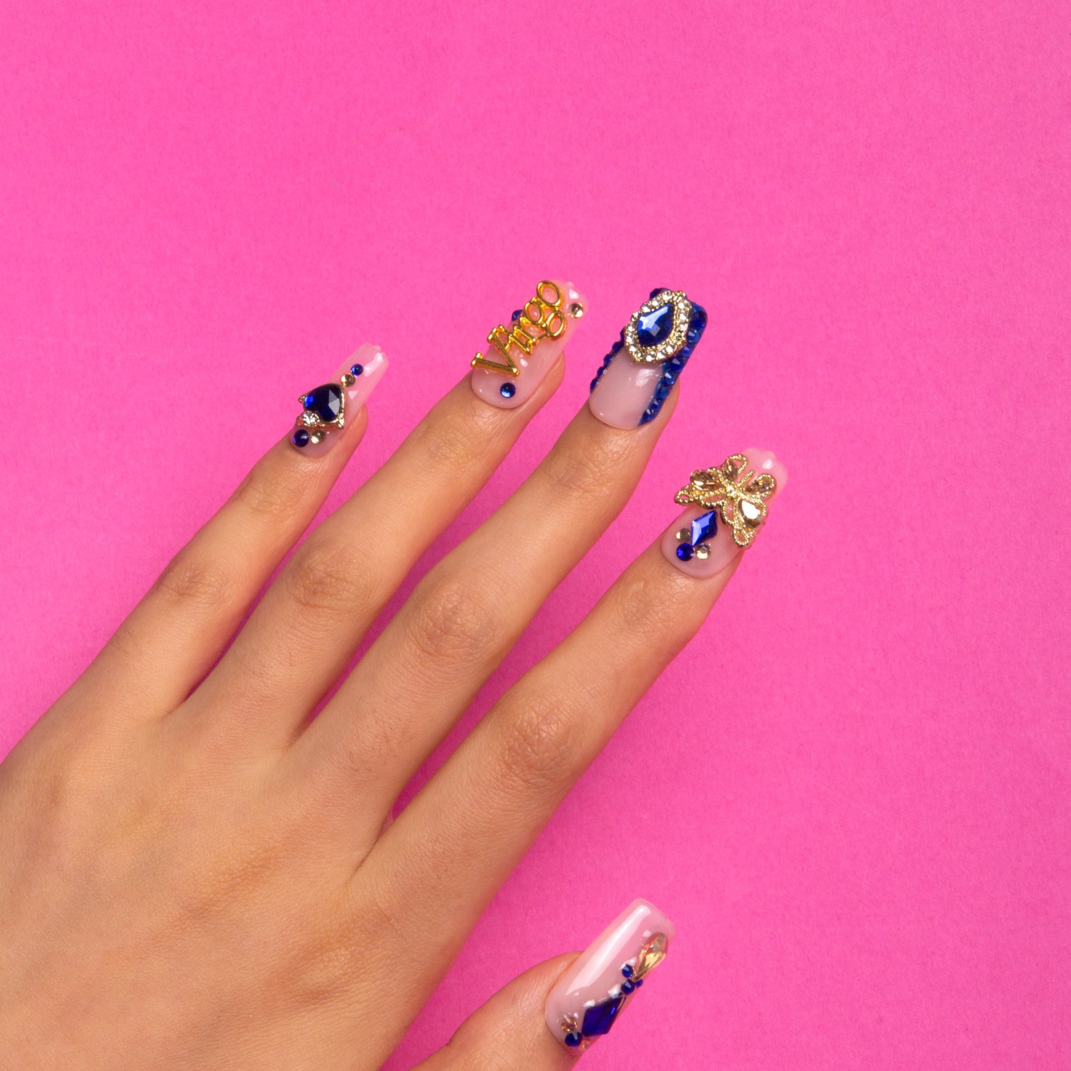 Virgo Zodiac Blue Rhinestone Press-on Nails, Square Shape