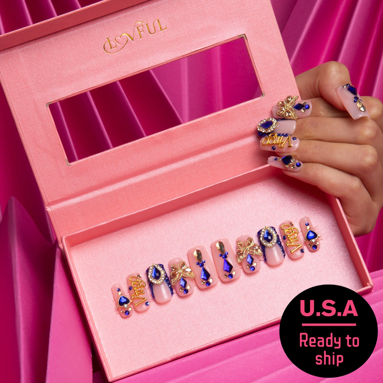 Virgo Blue Rhinestone Press on Nails, Ready to Ship, Lovful