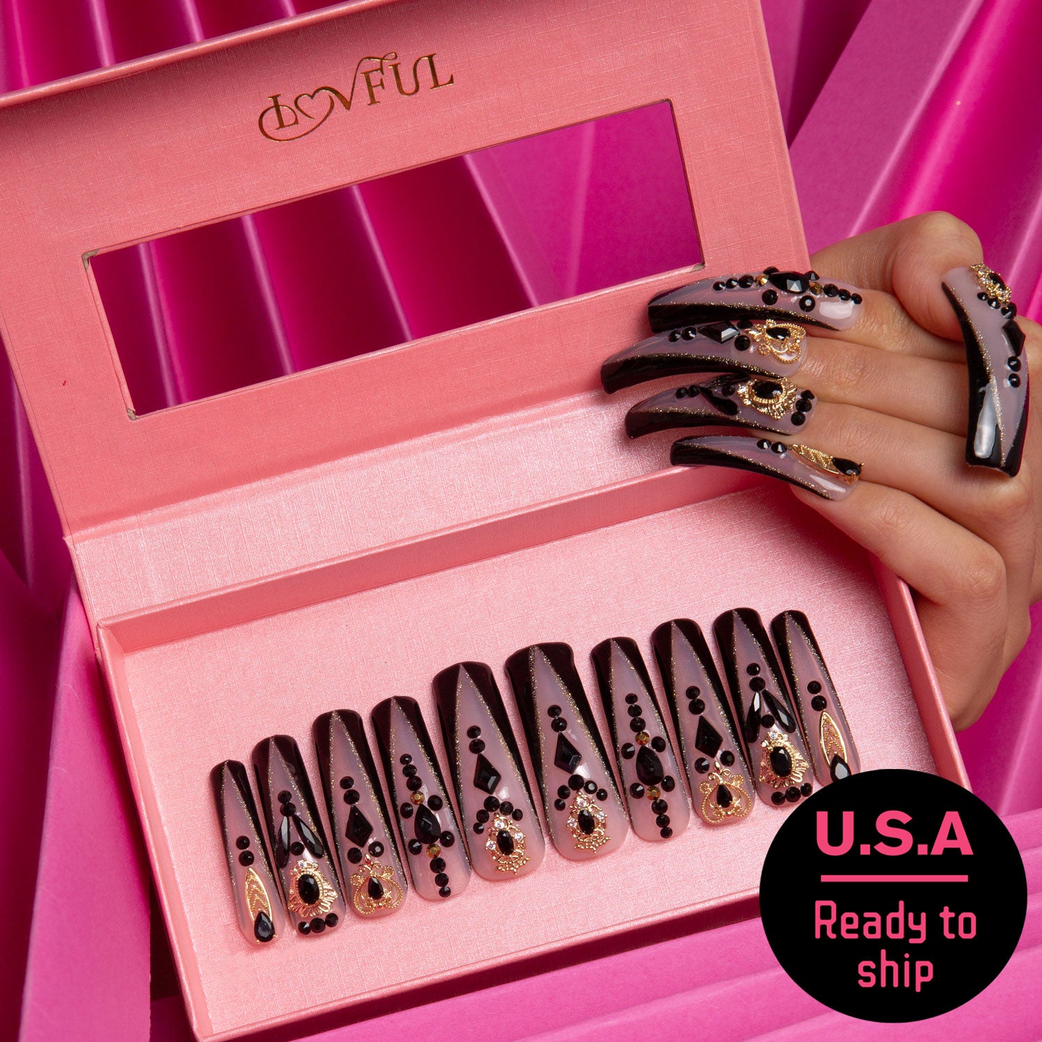 Obsidian Palace Black French Tip Handmade Curve Nails H165 RTS