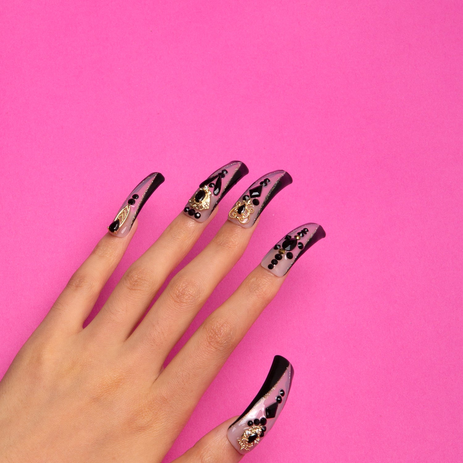 Obsidian Palace Black French Tip Handmade Curve Nails H165 RTS