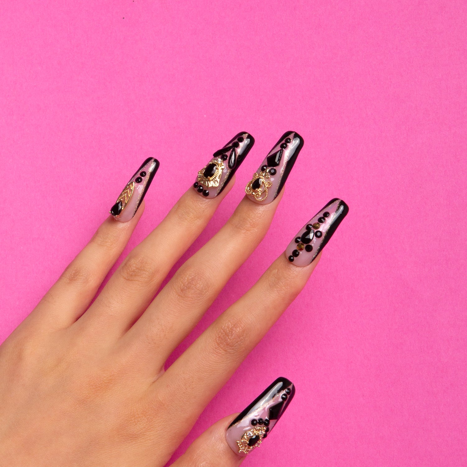 Obsidian Palace Black French Tip Handmade Coffin Nails H165 RTS