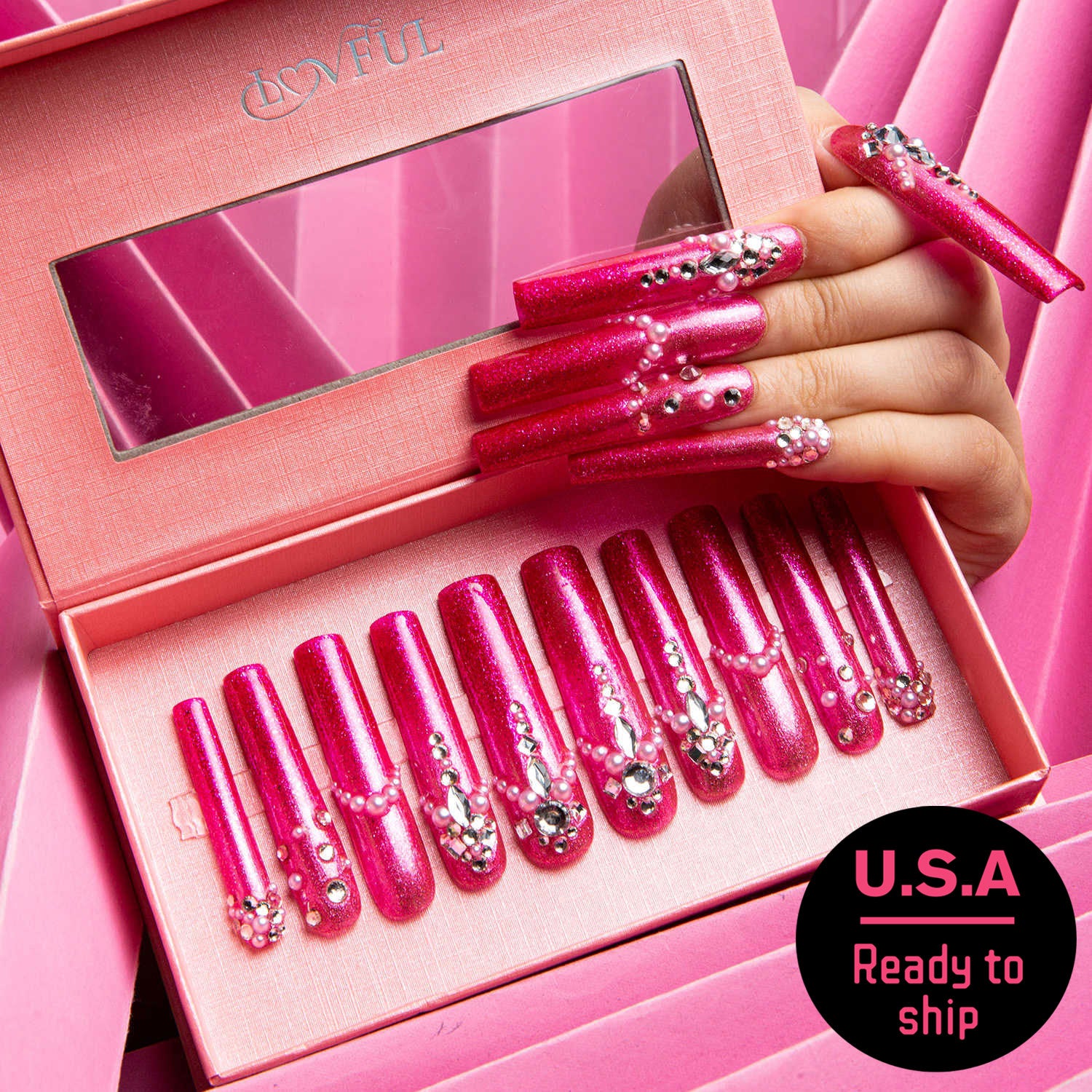 Moonlit Mirage press-on nails, pink glitter with rhinestones, ready to ship