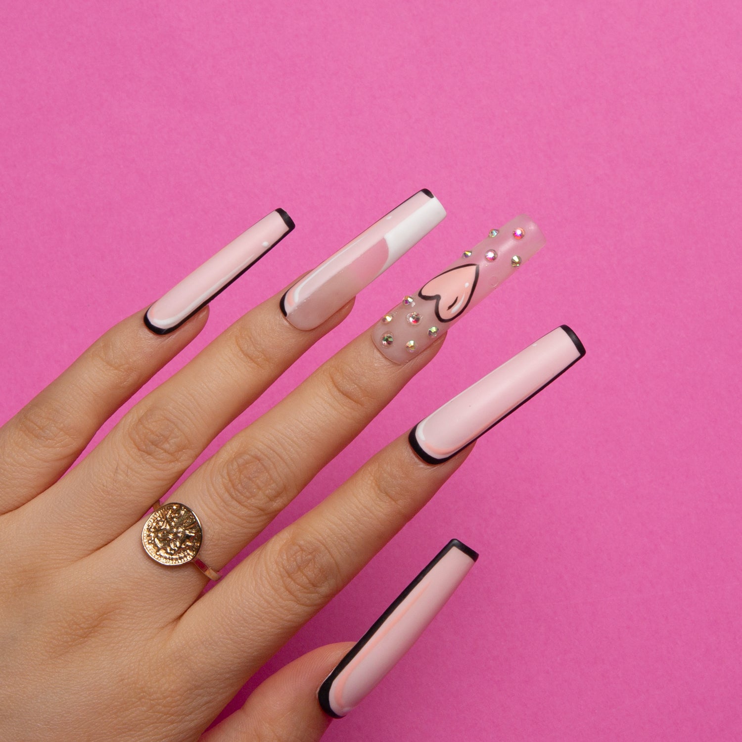 Pink press-on nails with heart design | Lovful Letter Handmade Square Nails H169