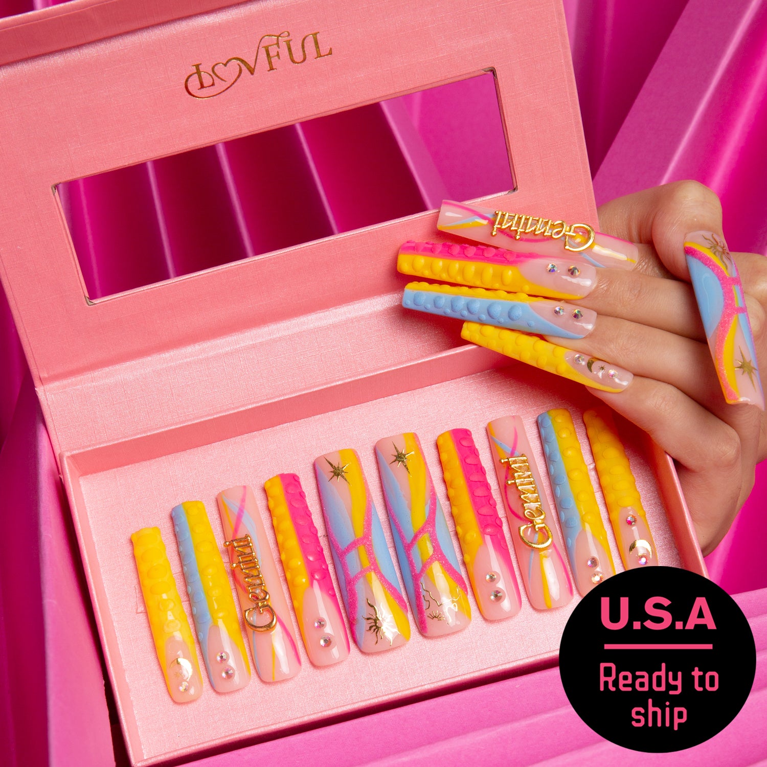 Gemini French Tip Handmade Square Nails H172 RTS