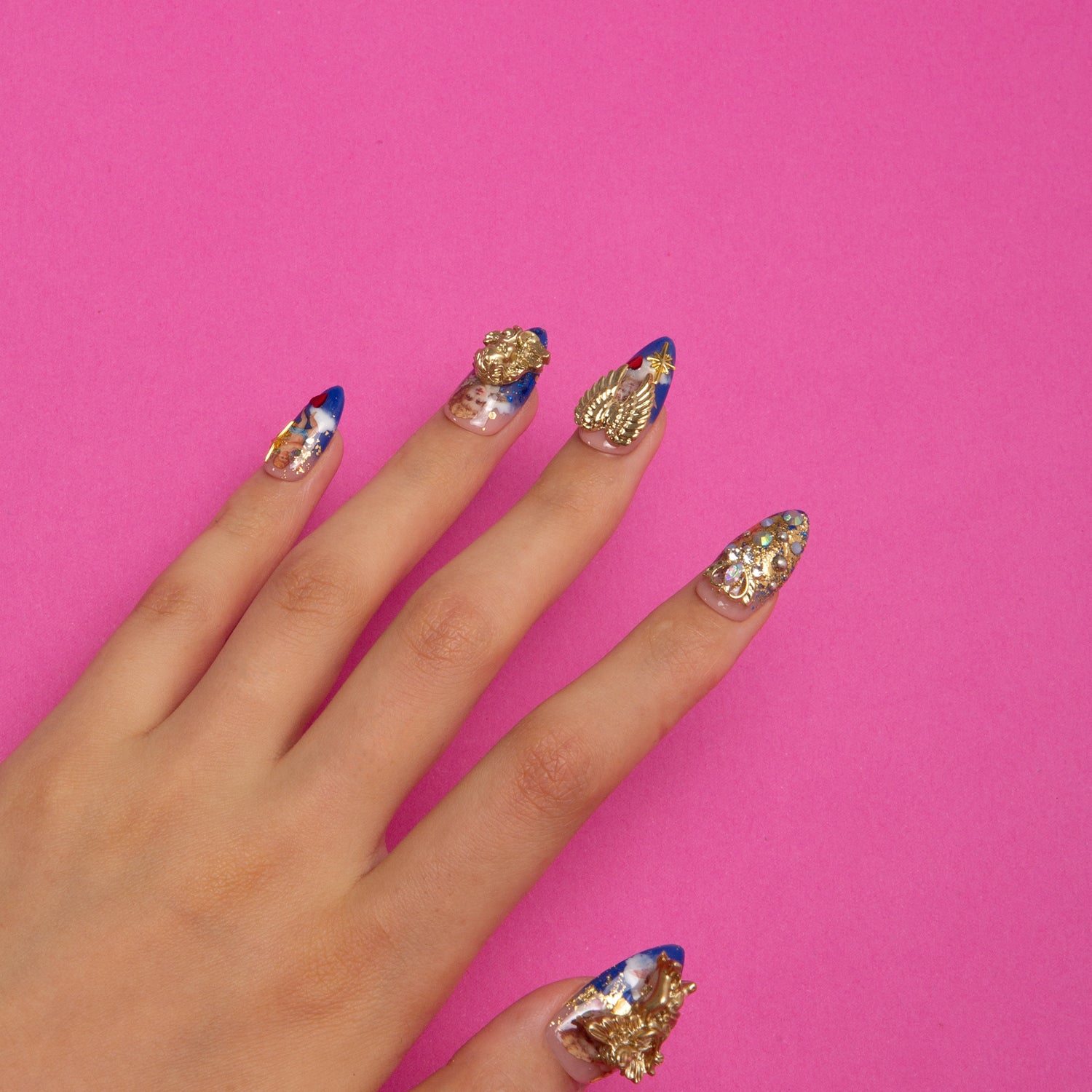 The Palace of Murals Blue Handmade Almond Nails H174 RTS