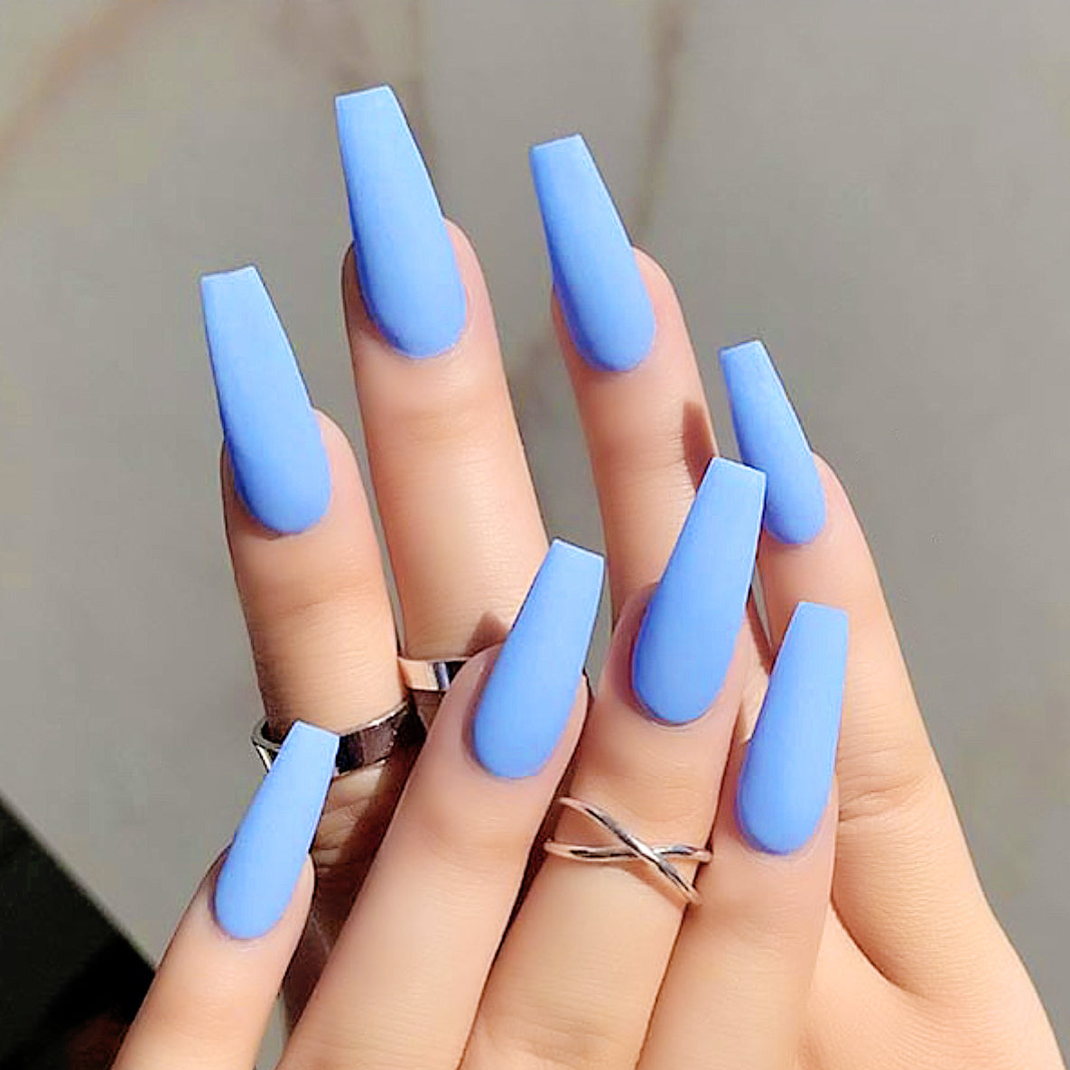 Blue Matte Pure Color Handmade Nails 24pcs H18