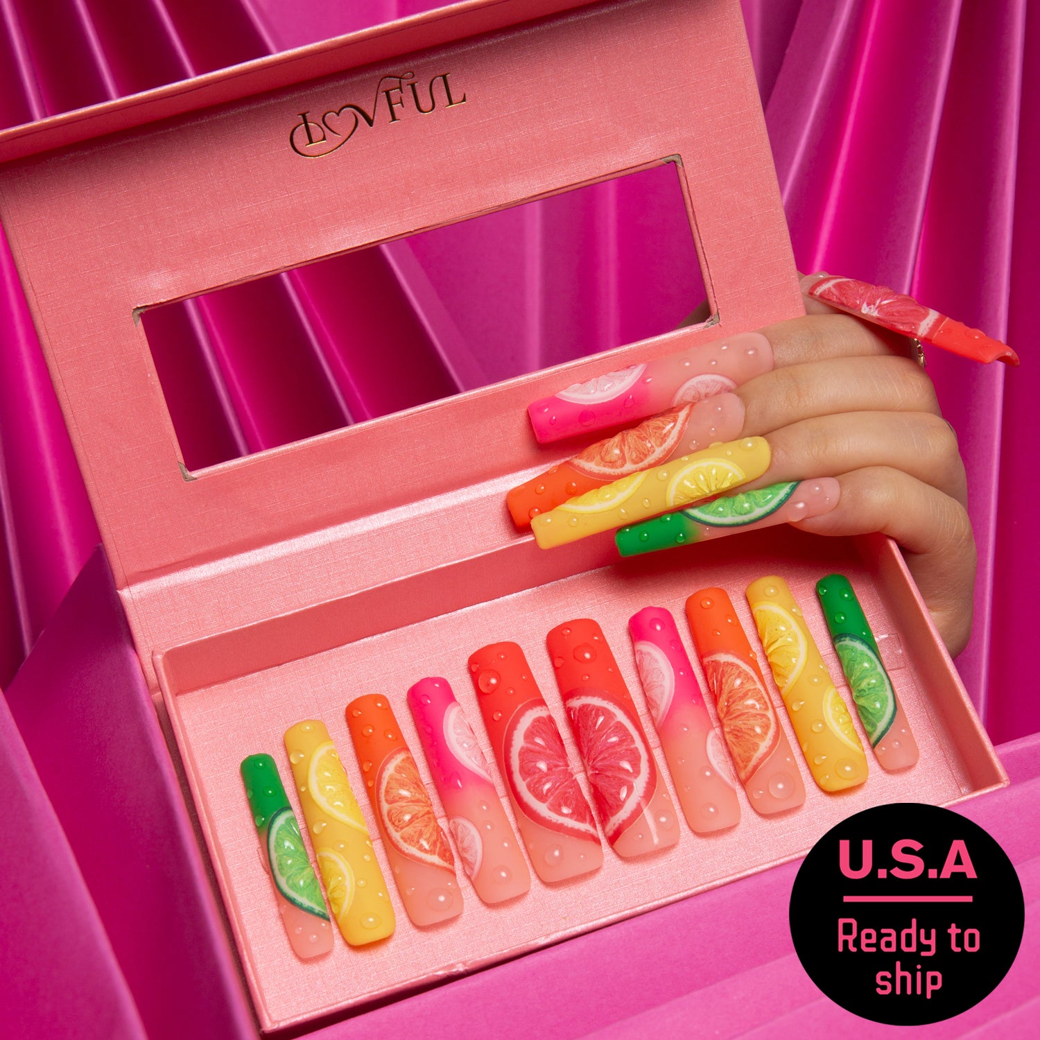 Lemonade press-on nails are perfect for summer. This set contains 10 square nails, ready to ship from our US warehouse.