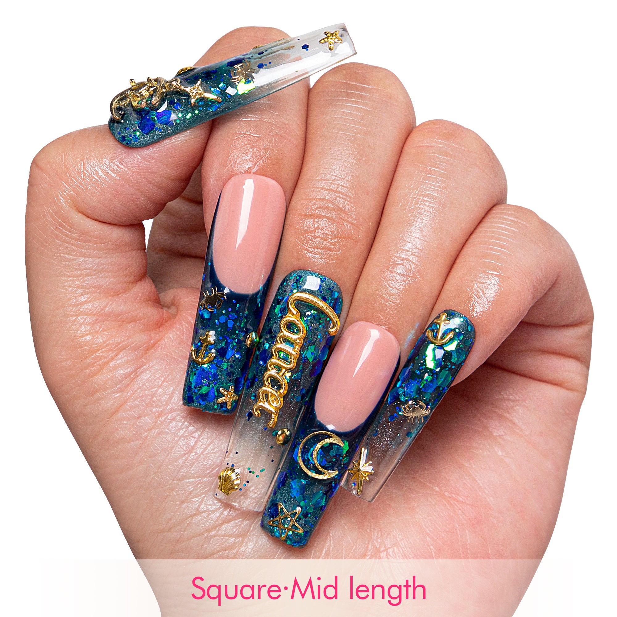 Cancer Blue French Tip Handmade Nails H188