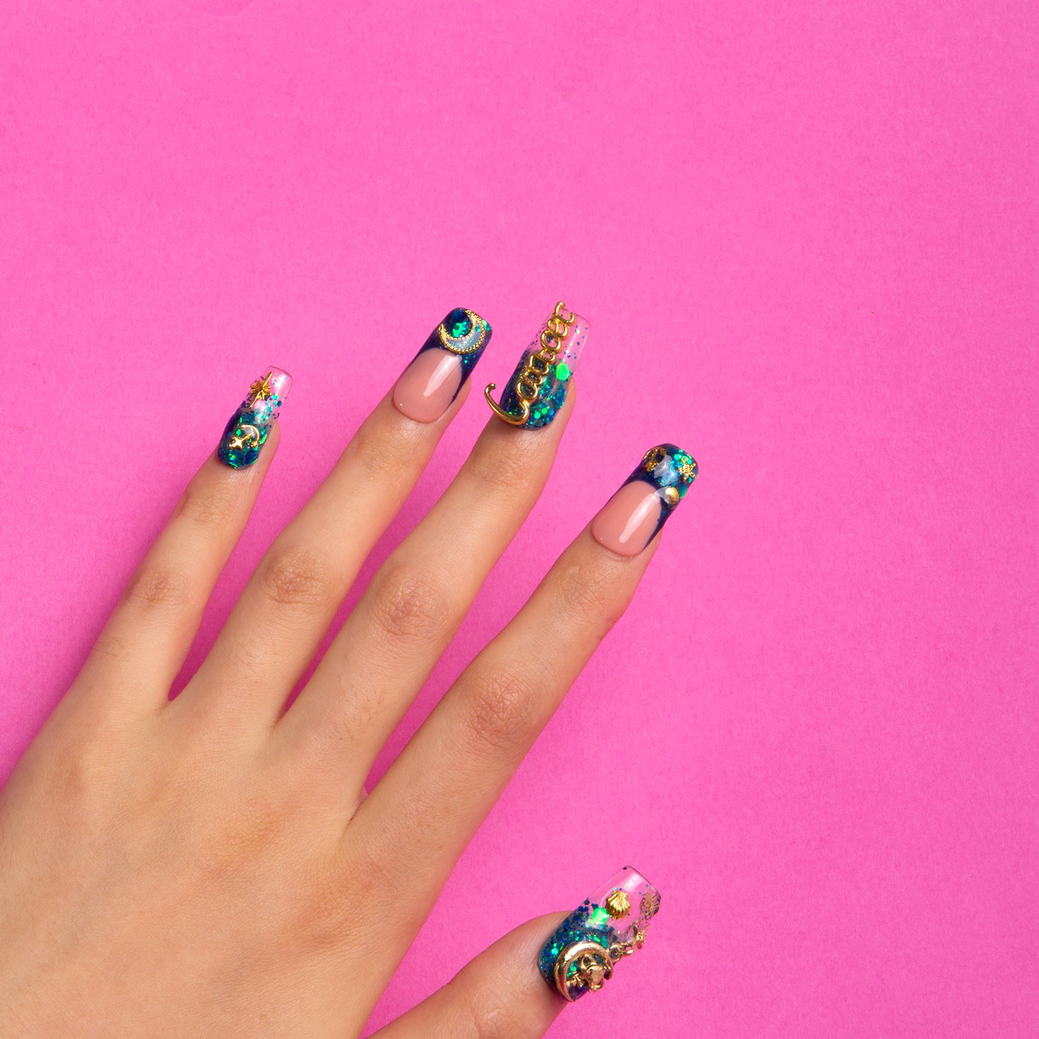 Cancer Blue French Tip Handmade Square Nails H188 RTS