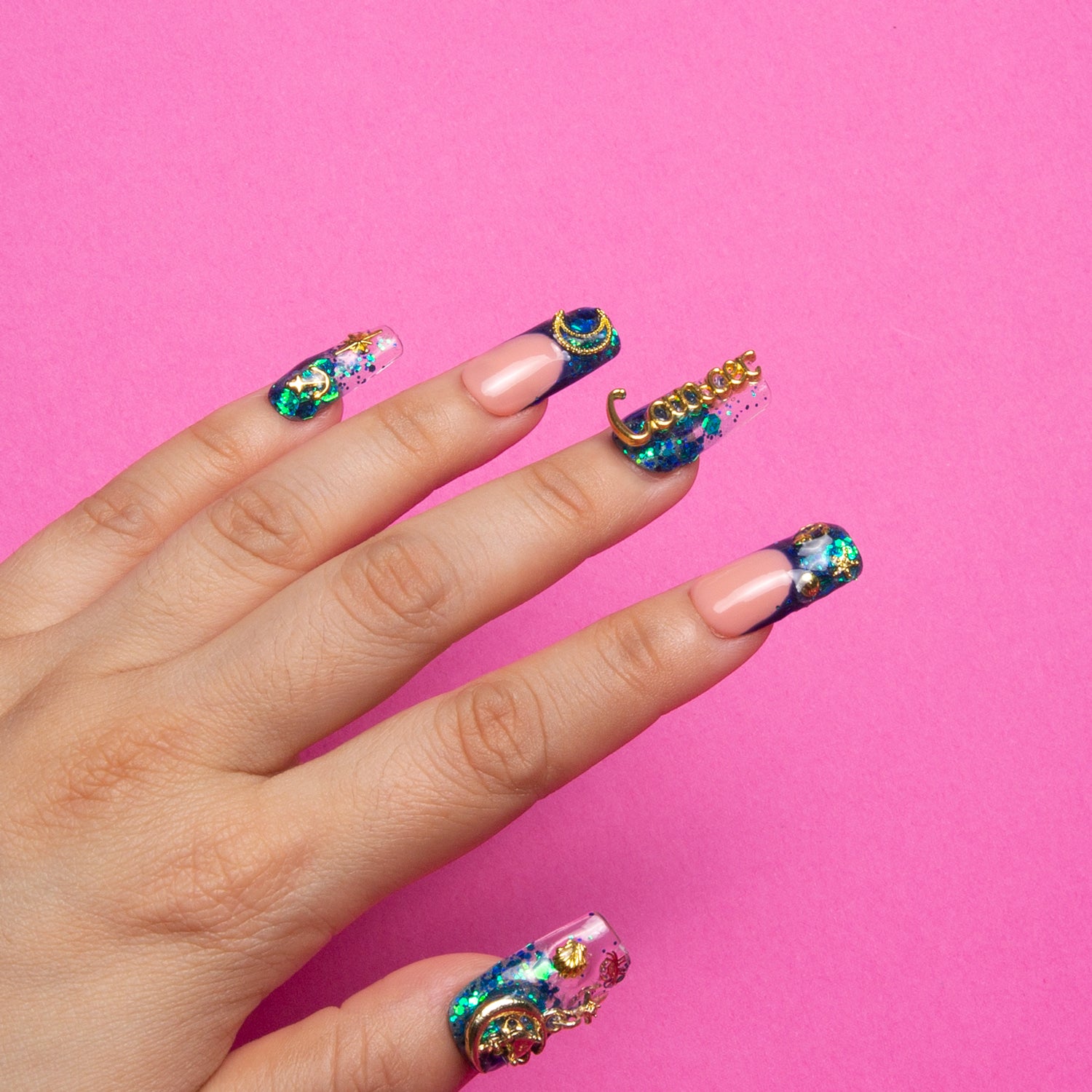 Cancer Blue French Tip Handmade Square Nails H188 RTS