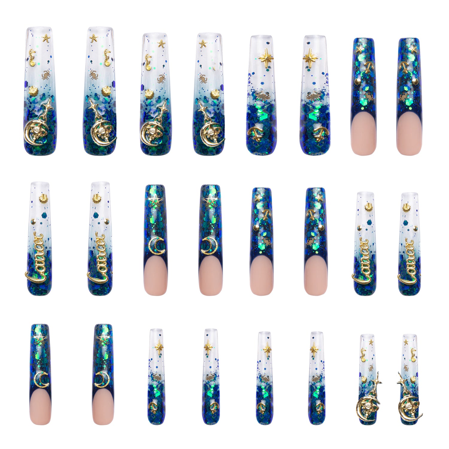 Cancer Blue French Tip Handmade Nails 24pcs H188