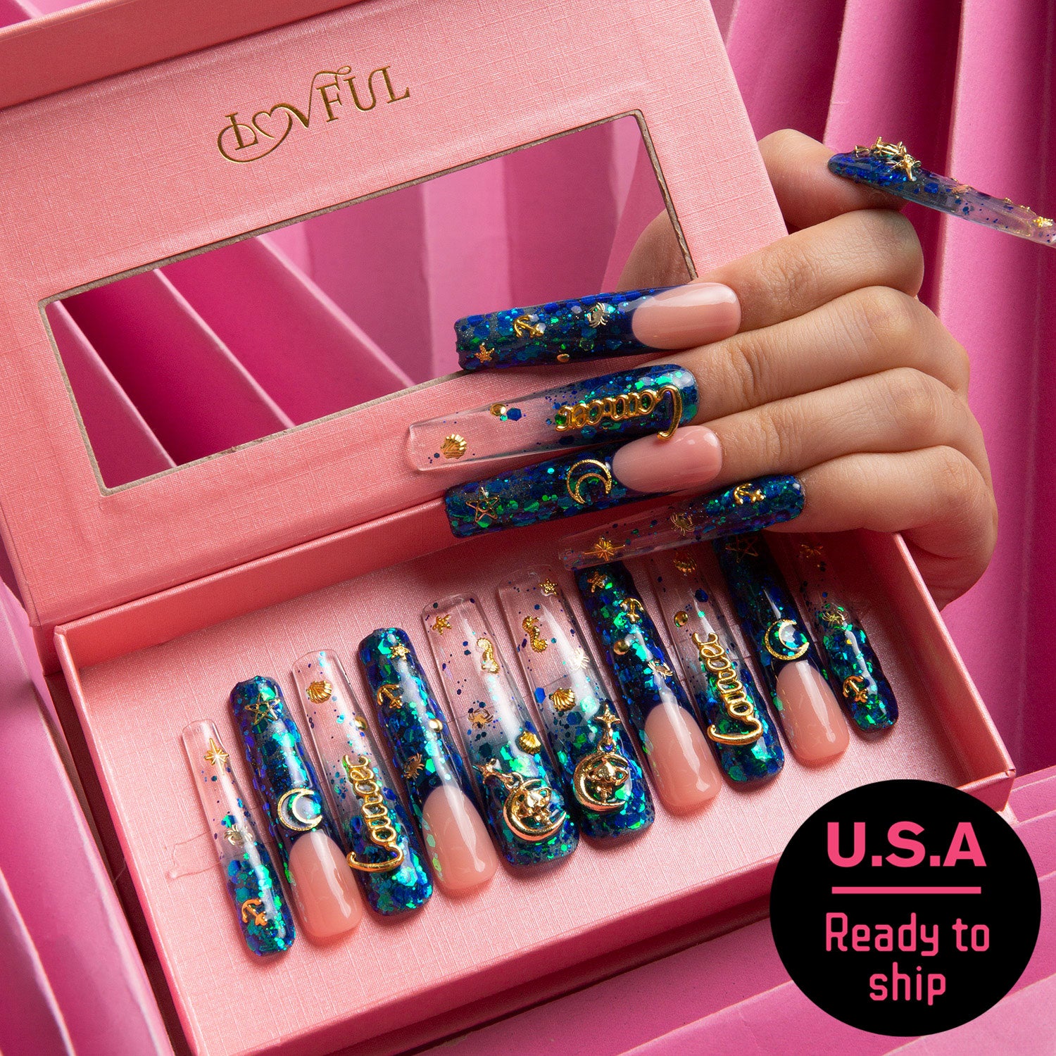 Cancer Blue French Tip Handmade Square Nails H188 RTS