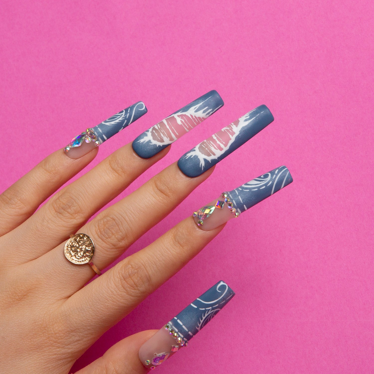 Denim Seraph Blue Handmade Square Nails H194 RTS