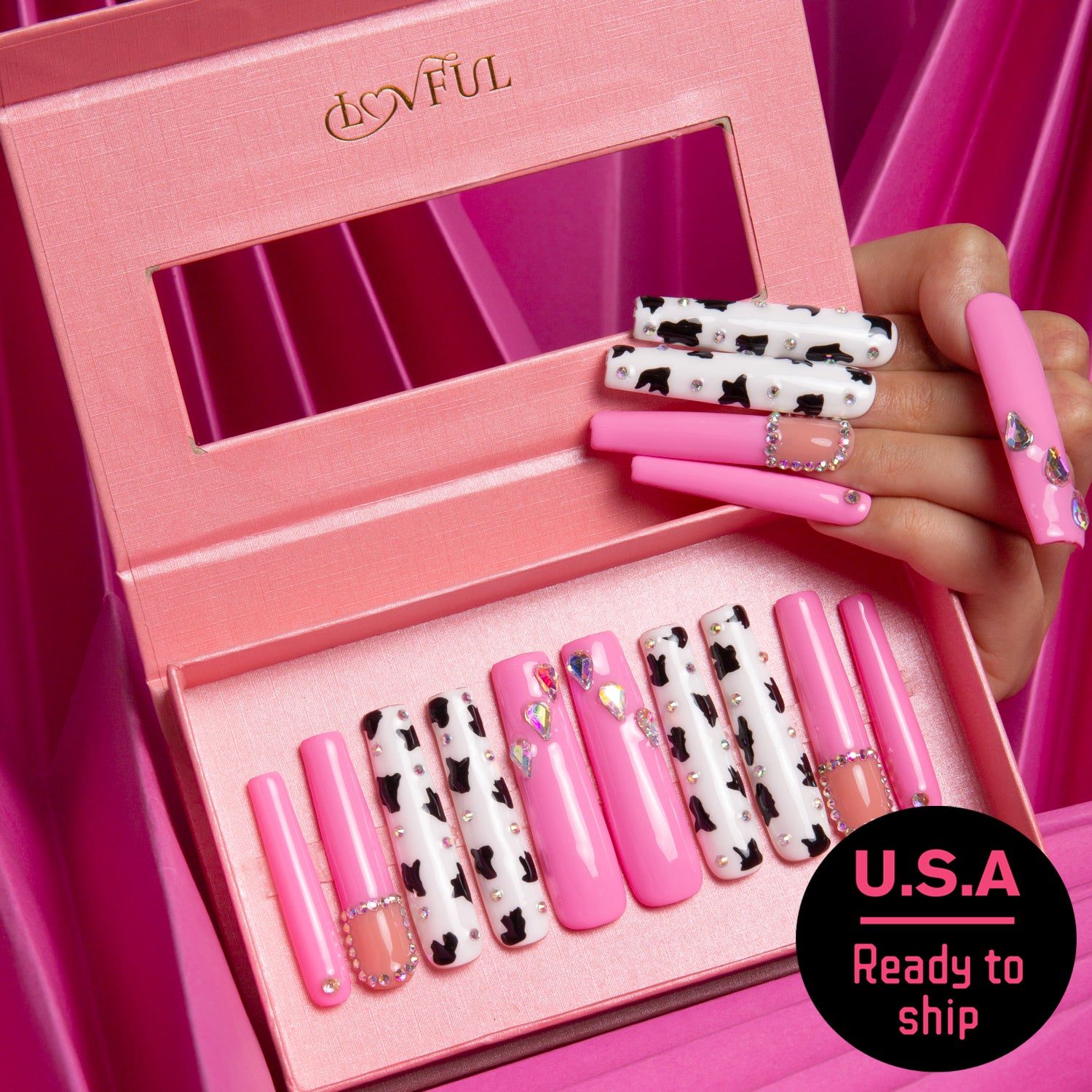Strawberry Cow Handmade Square Nails H217 RTS