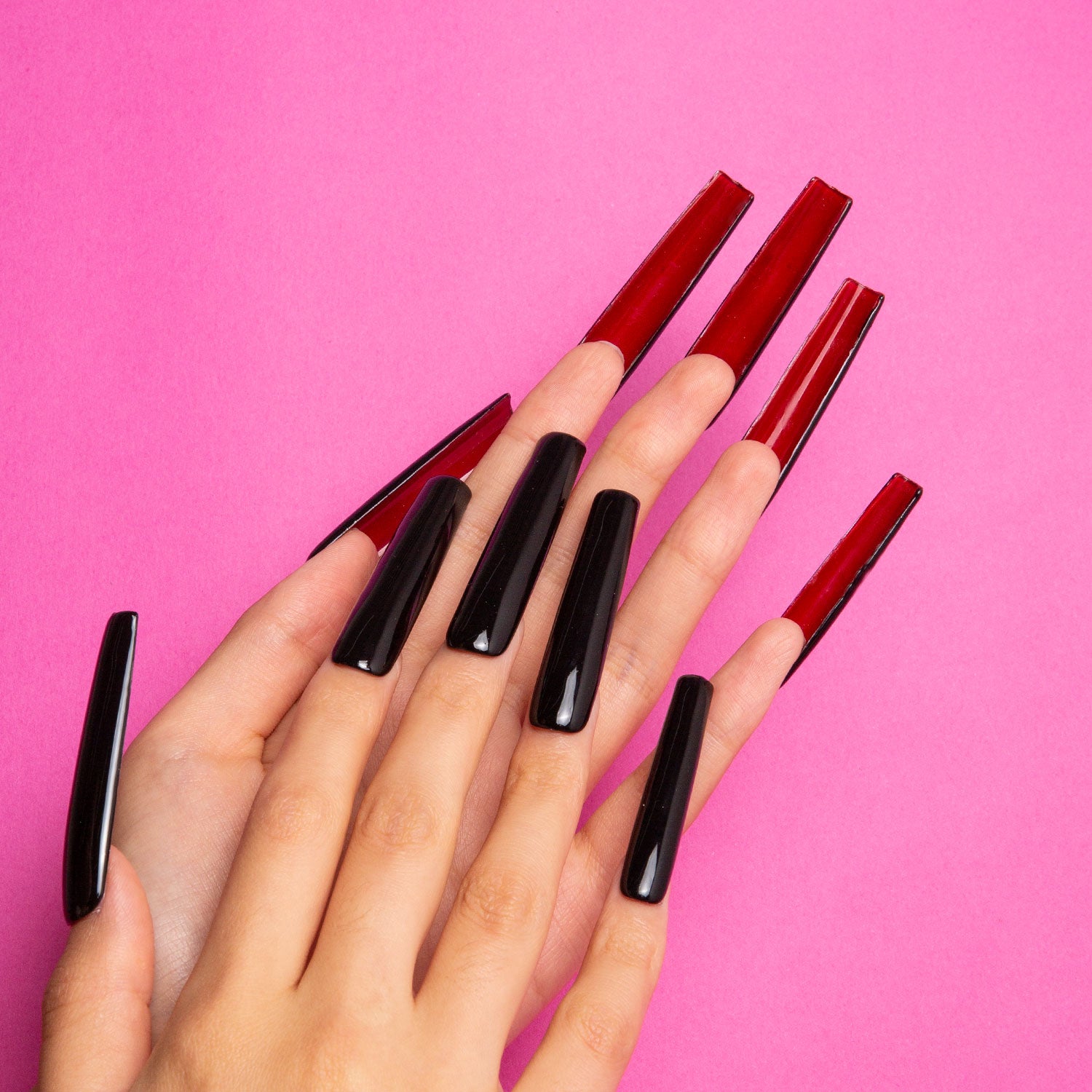 Red Sole Black and Red Handmade Nails 24pcs H22