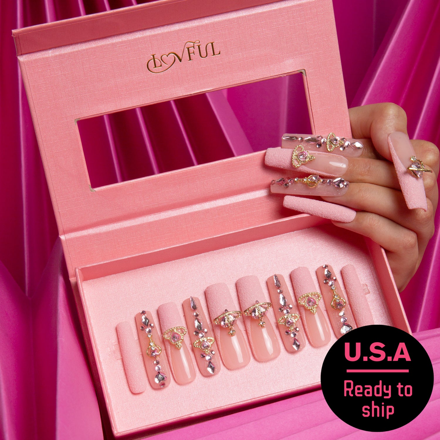 Dreamland Escape Pink Handmade Square Nails H229 RTS