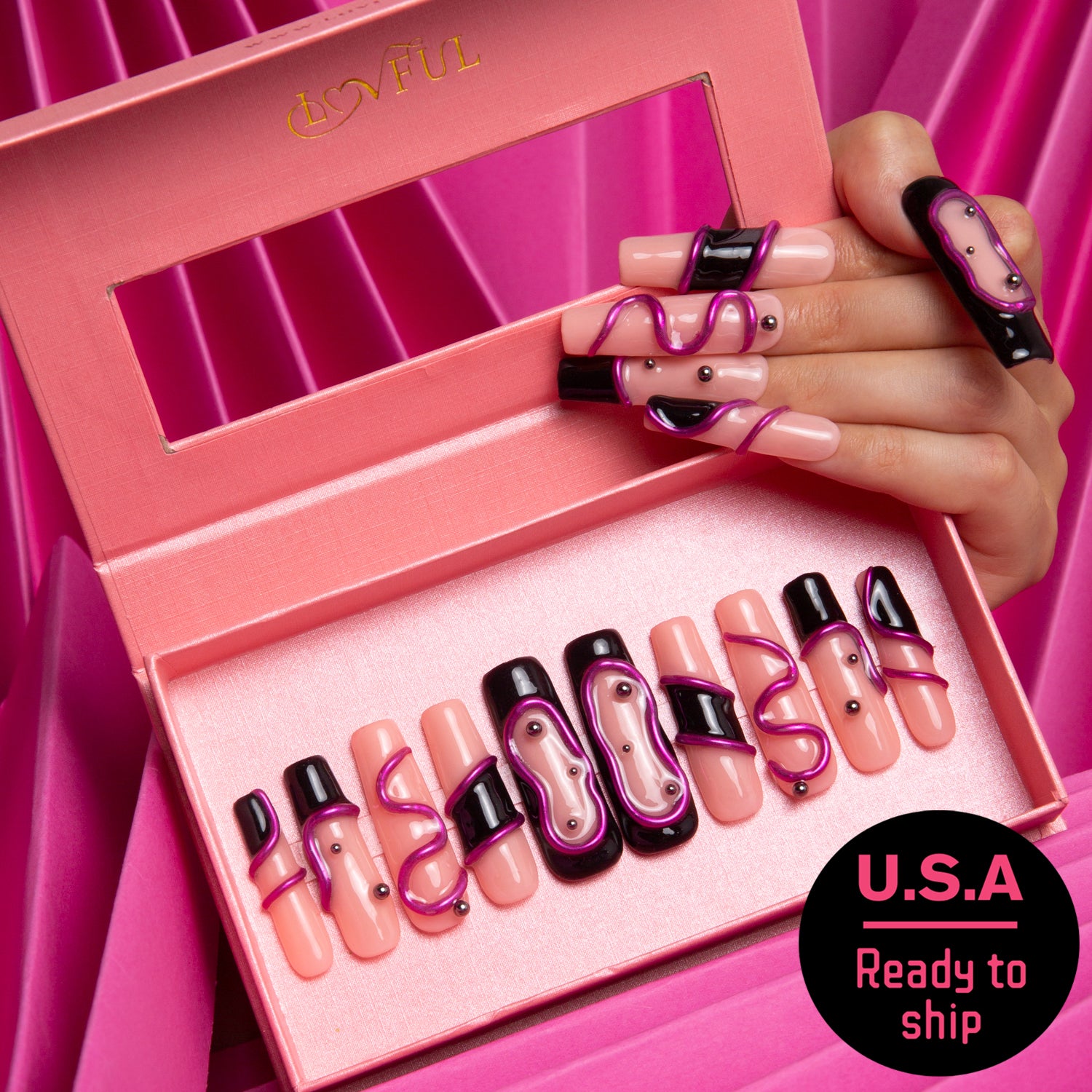 Black Pink Handmade Square Nails H236 RTS