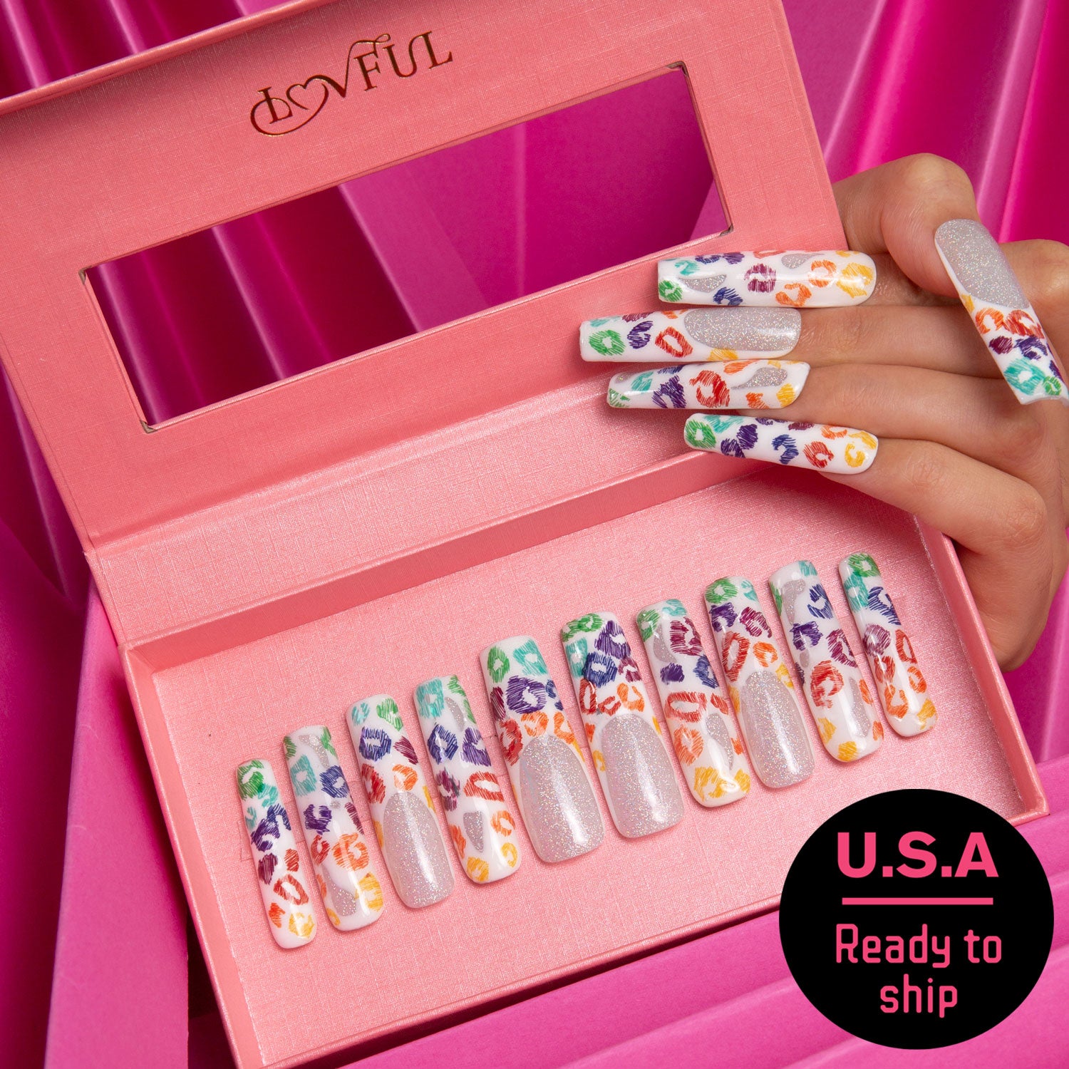 Rainbow Leopard Handmade Square Nails H242 RTS