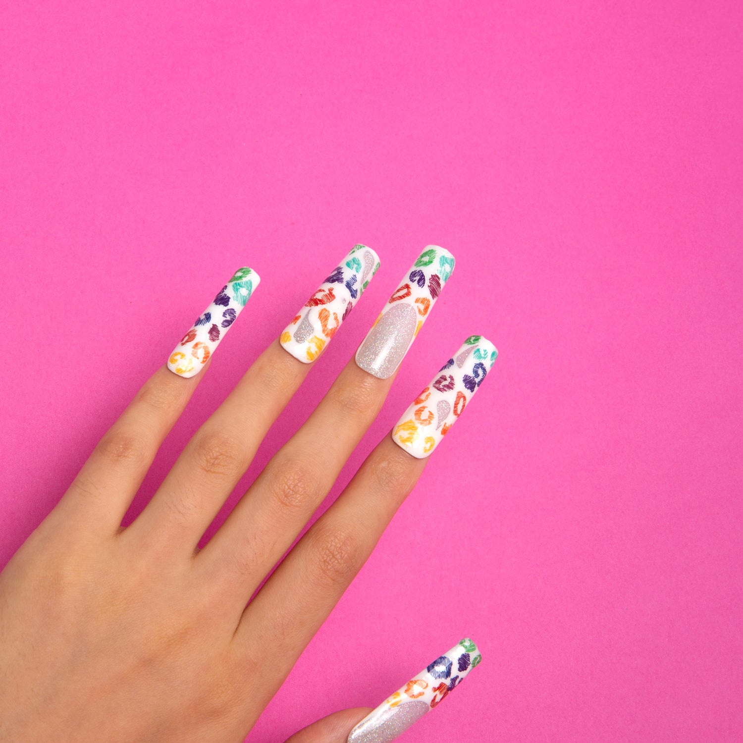 Rainbow Leopard Handmade Square Nails H242 RTS