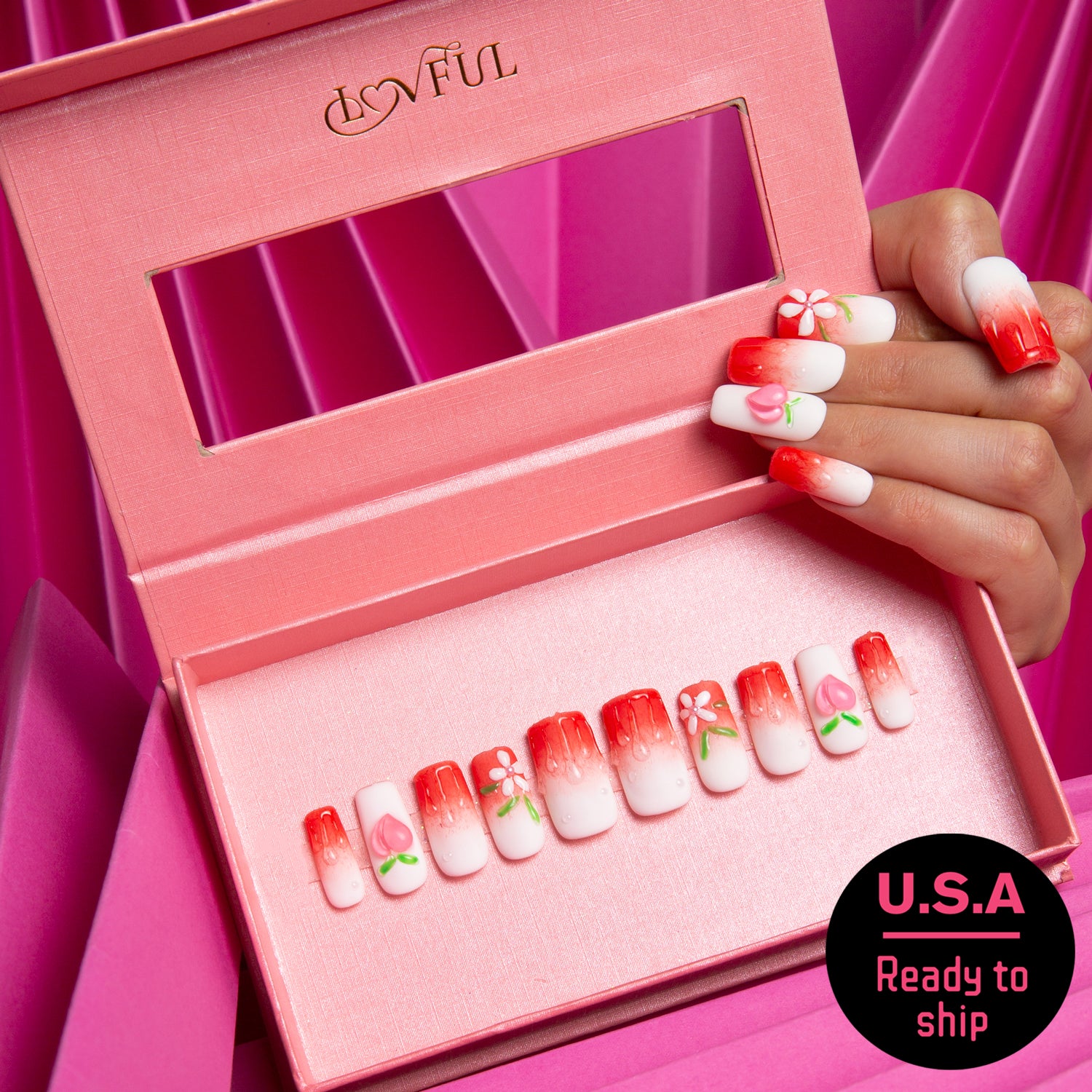 Sparkling Peach Handmade Square Nails H247 RTS
