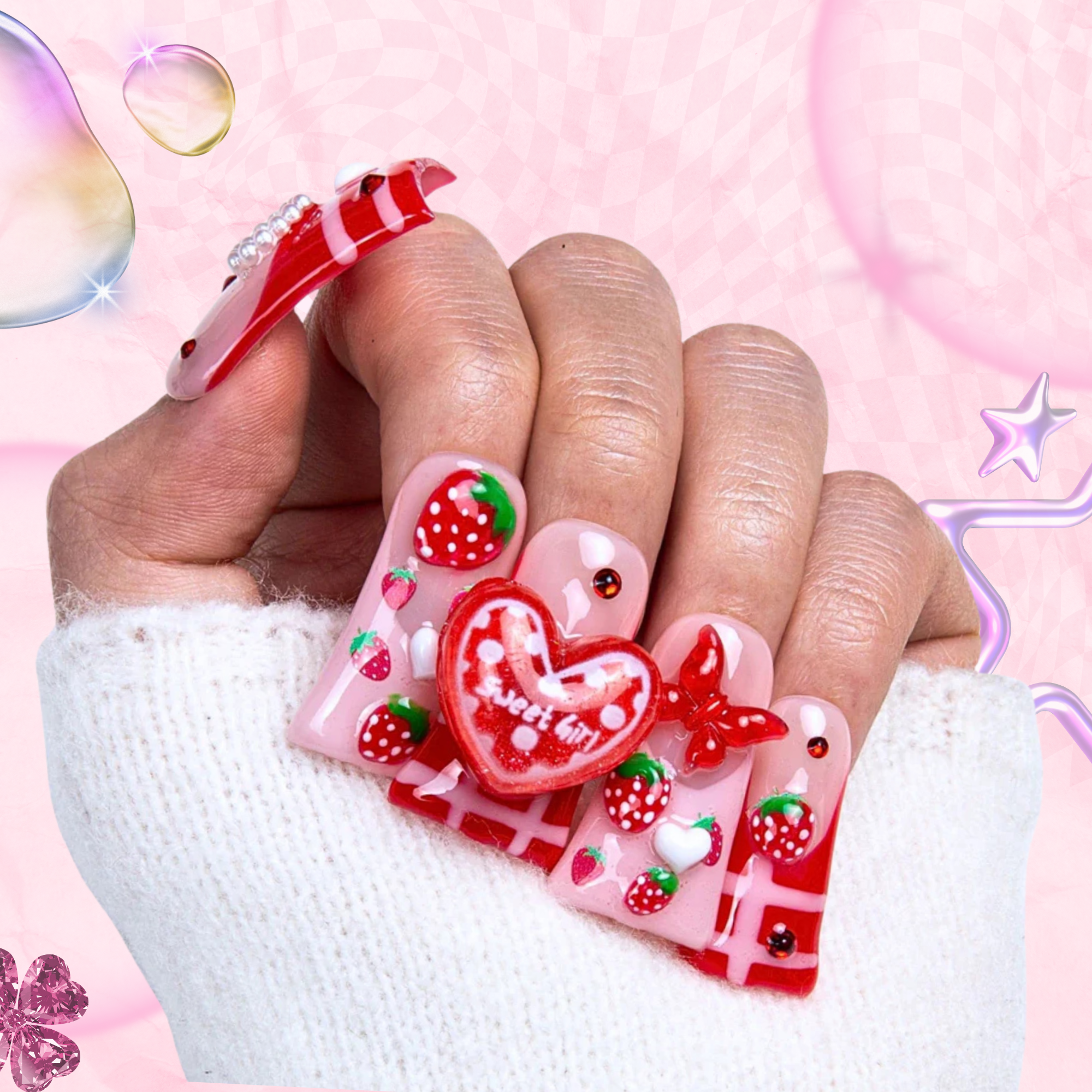Dreamy Strawberry Garden Handmade Nails H256