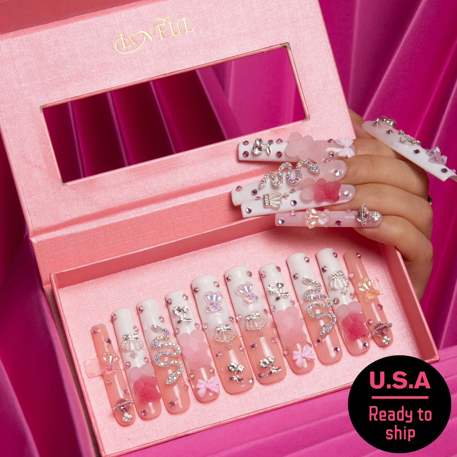 Gummy Bear Glam Handmade Square Nails H26 RTS