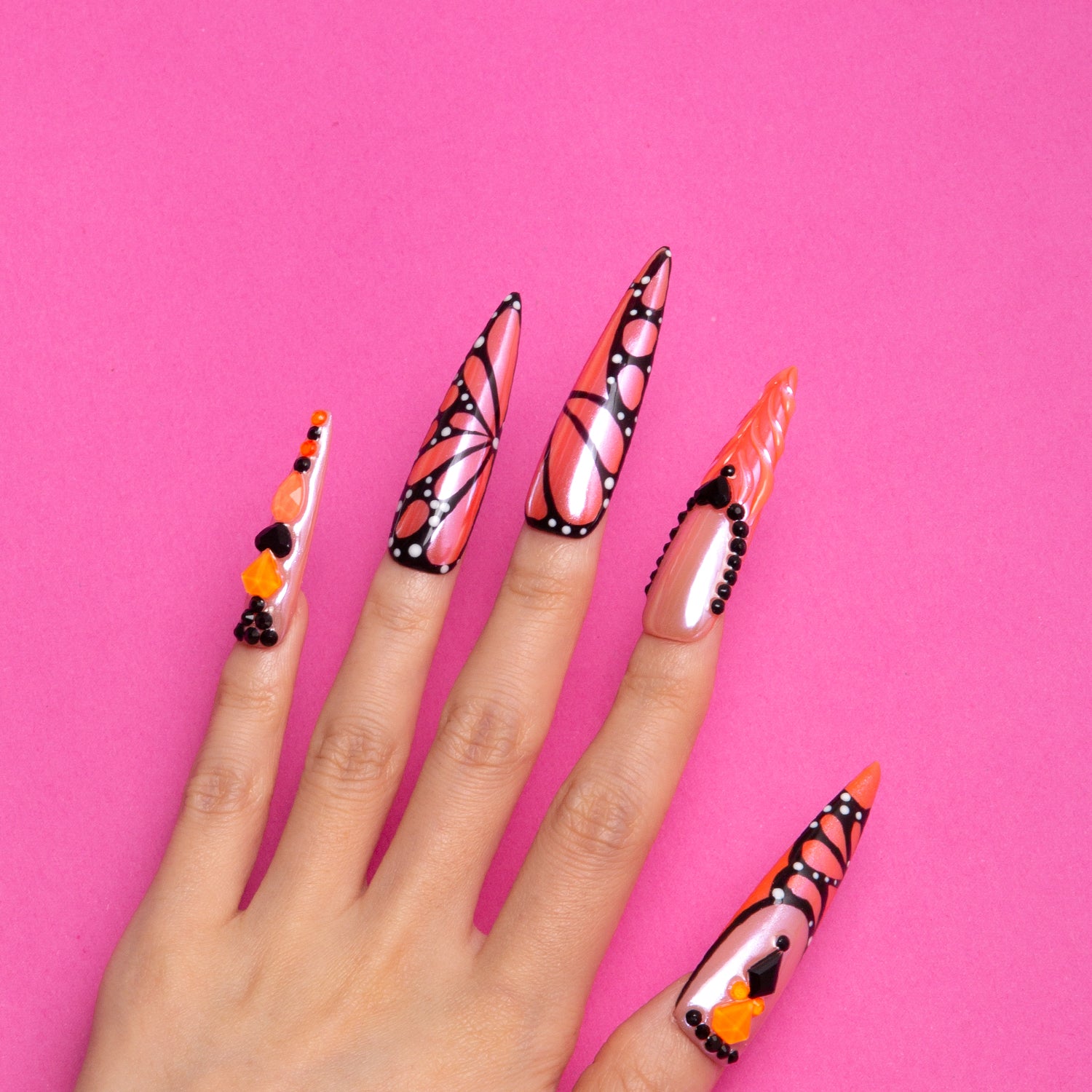 Orange Melody Handmade Stiletto Nails H263 RTS