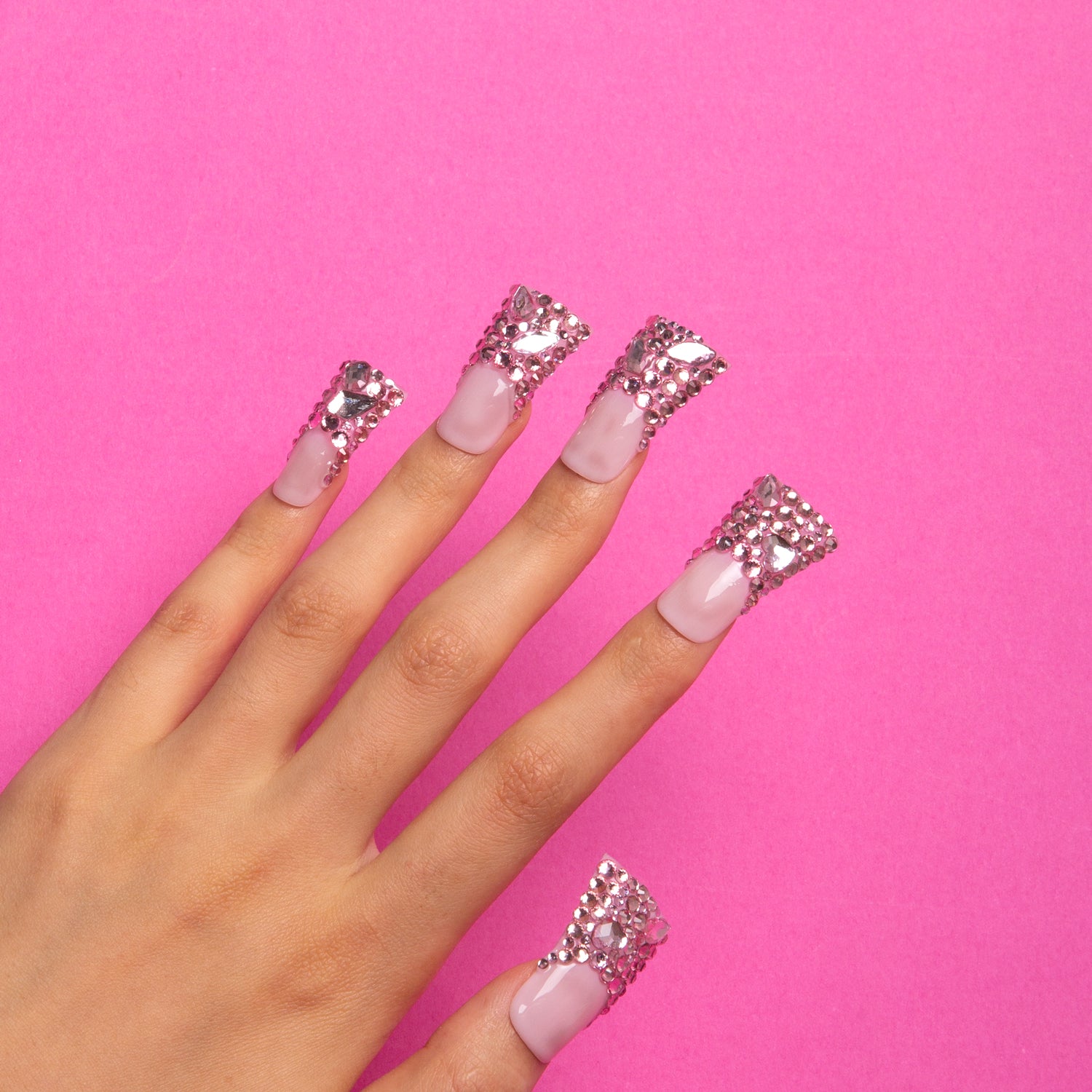 Pink French Tip Rhinestone Handmade Duck Nails H27 RTS