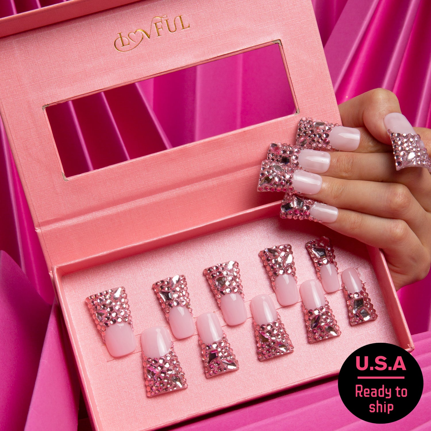 Pink French Tip Rhinestone Handmade Duck Nails H27 RTS