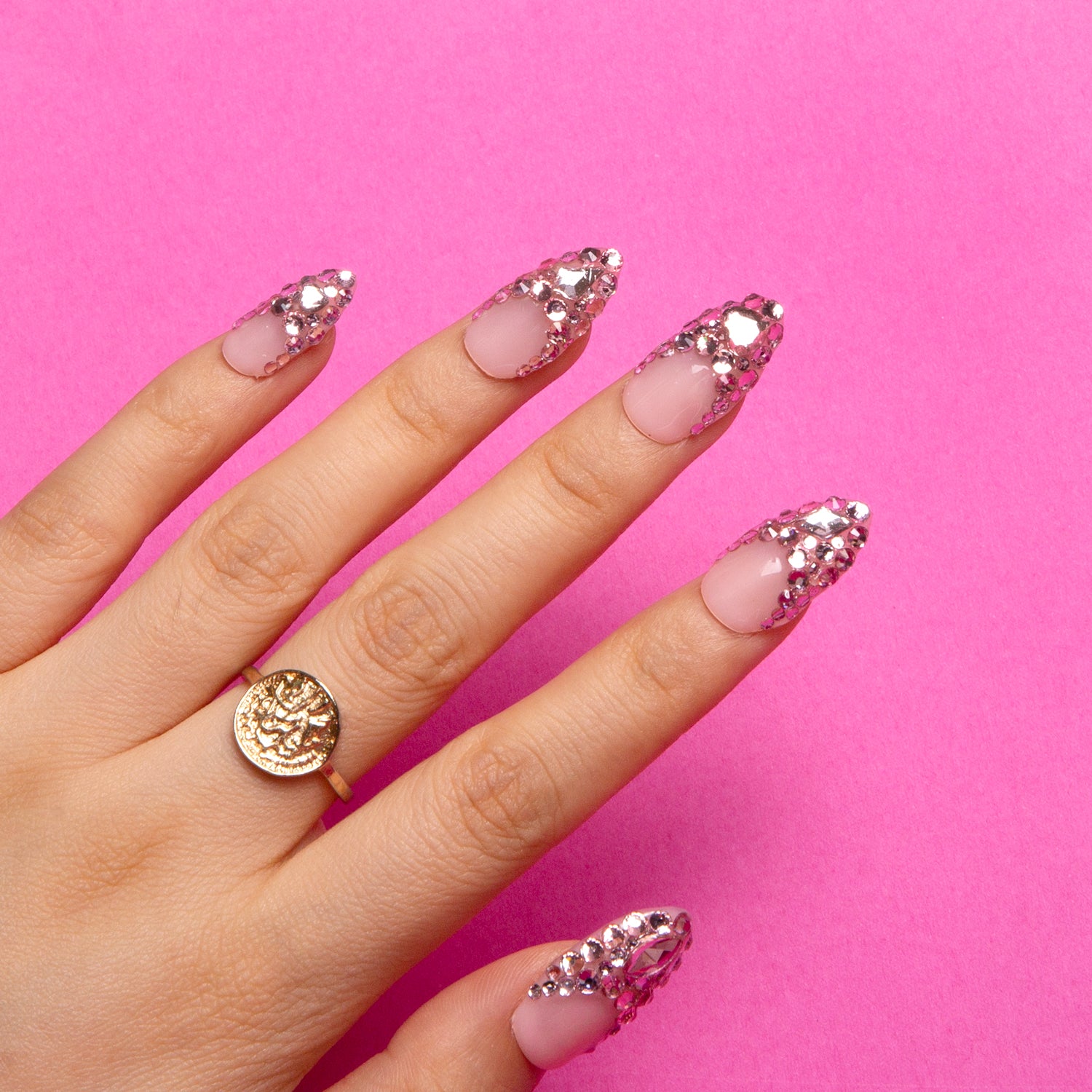 Pink French Tip Rhinestone Nails - Elegant Press-on Design