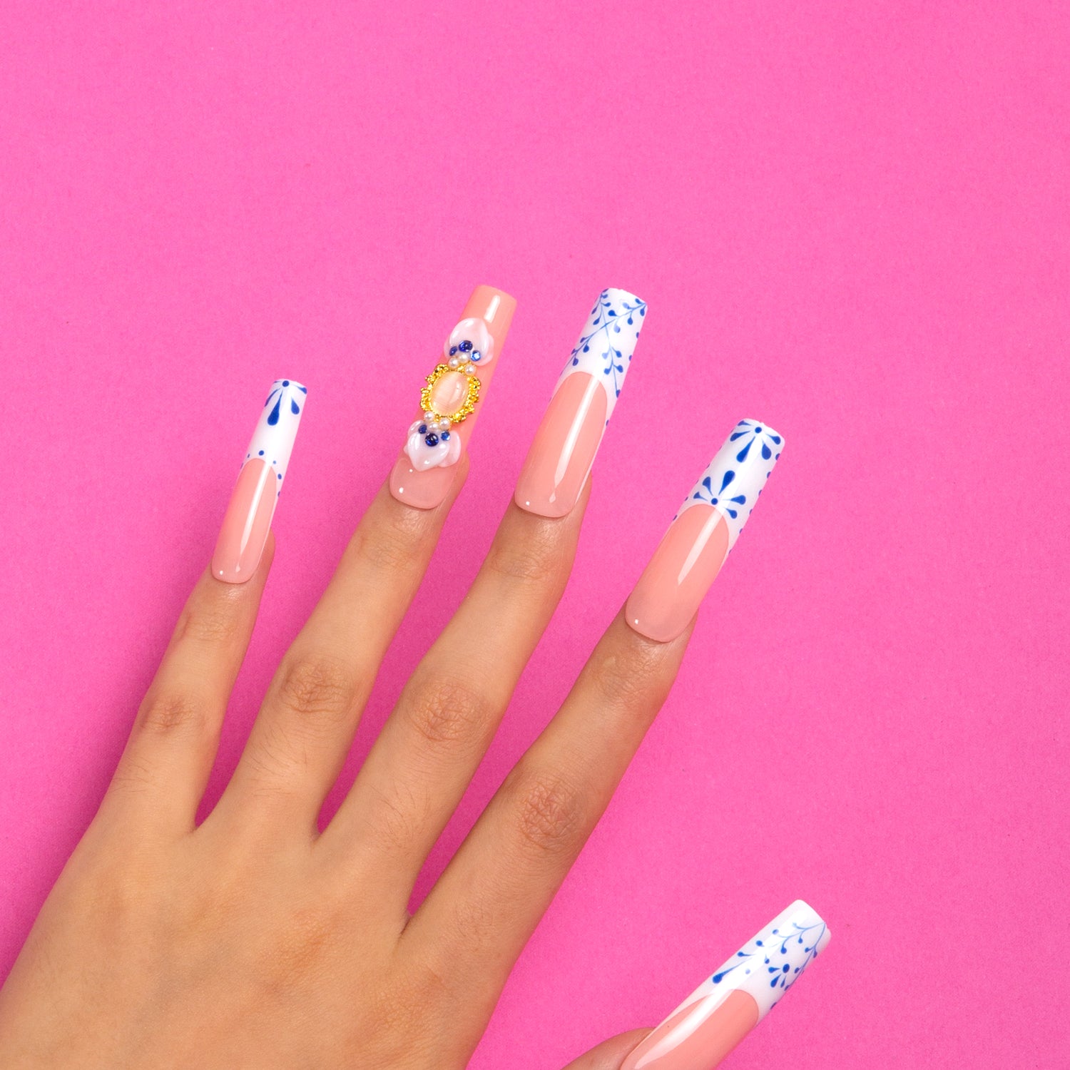 Porcelain Blue Handmade Square Nails H273 RTS