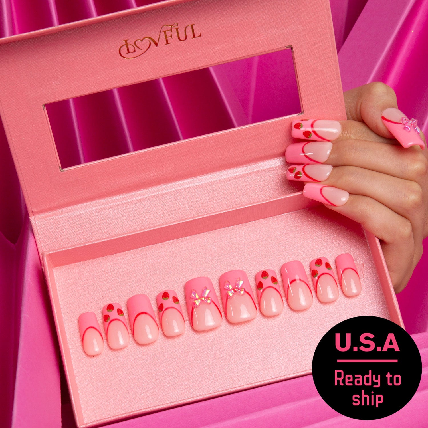 Strawberry Dream Handmade Square Nails H278 RTS