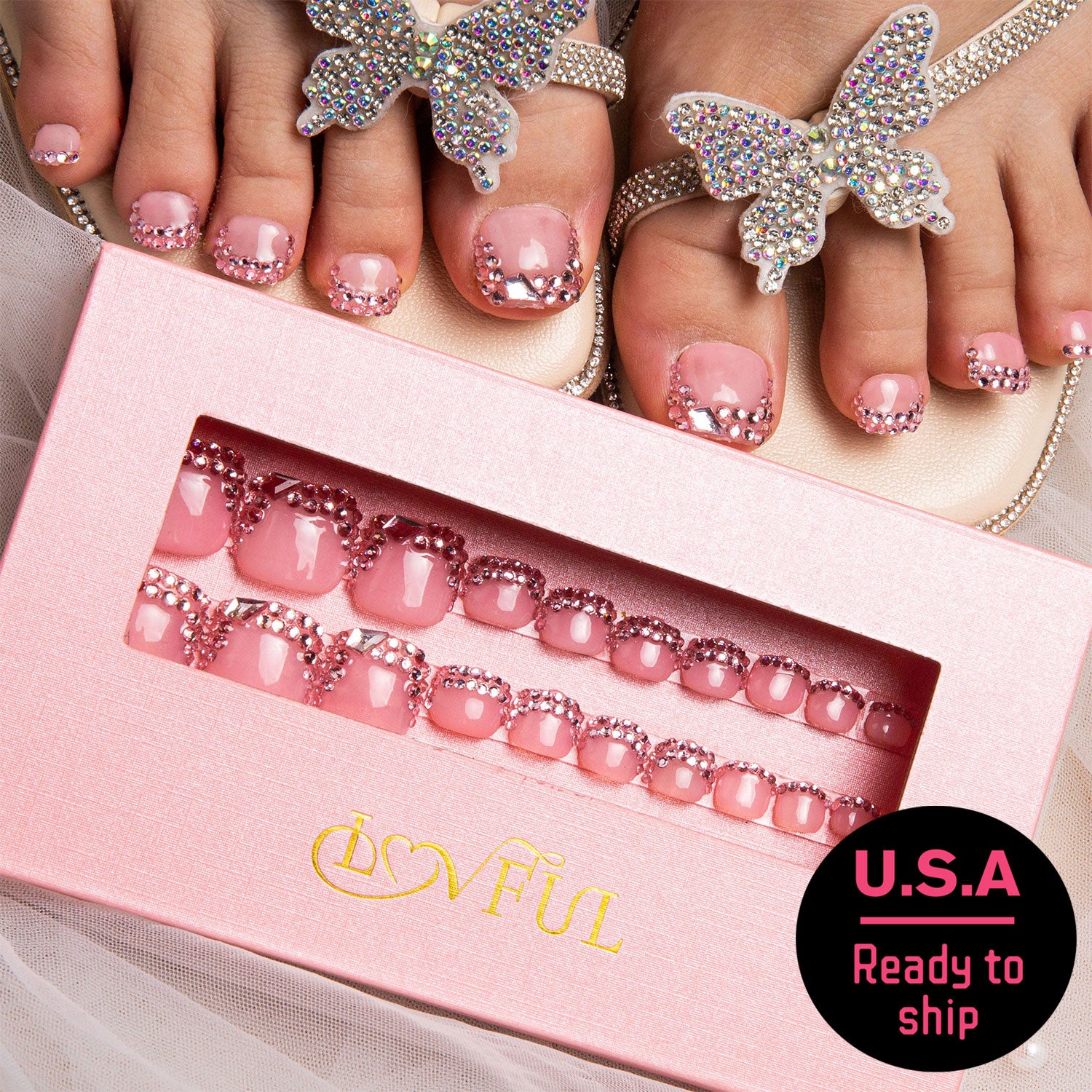 Pink French Tip Rhinestone T27 Toe Nails-RTS
