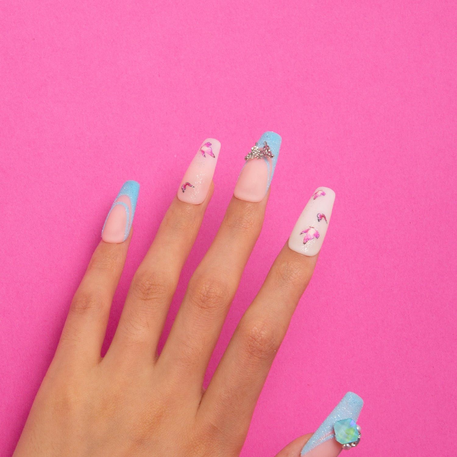 Sky Dance French Tip Handmade Coffin Nails H282 RTS