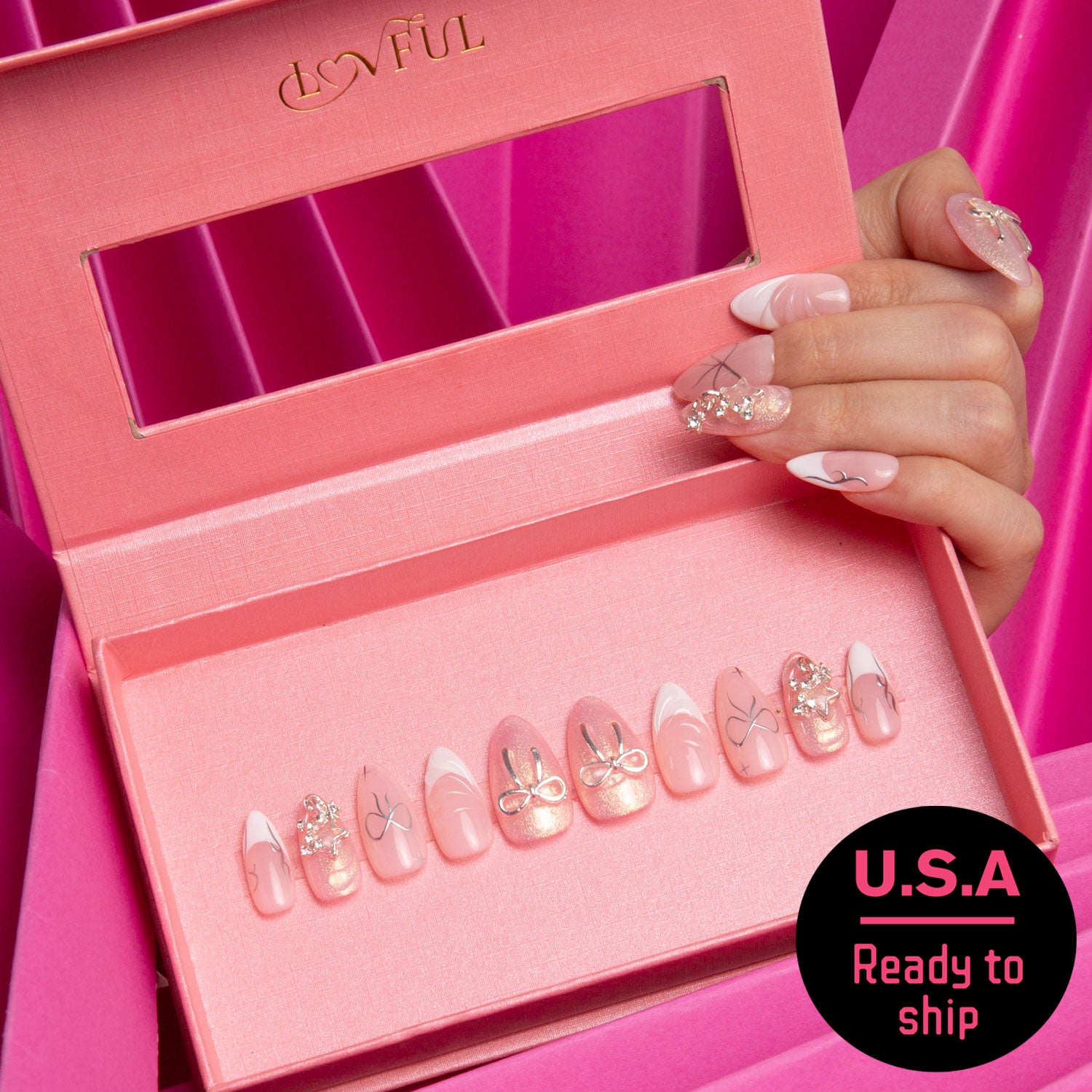 Dazzling Star French Tip Handmade Almond Nails H294 RTS