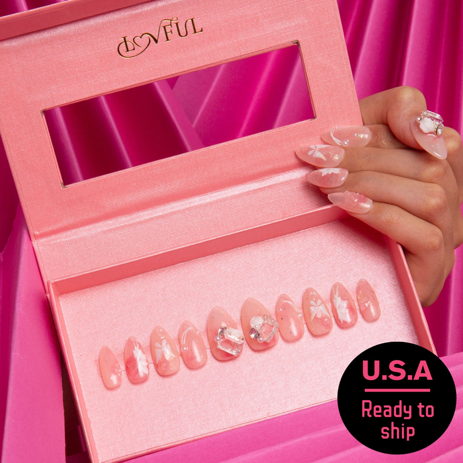 Love is in the air Handmade Almond Nails H296 RTS