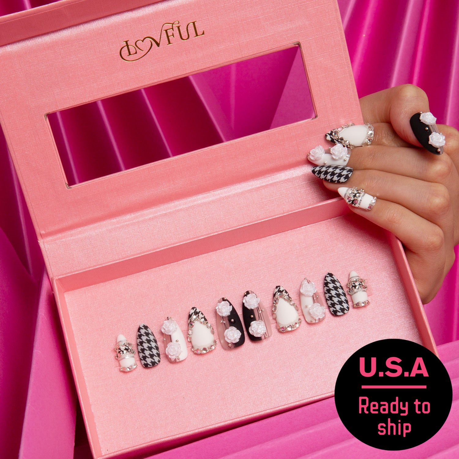 Houndstooth Handmade Almond Nails H30 RTS