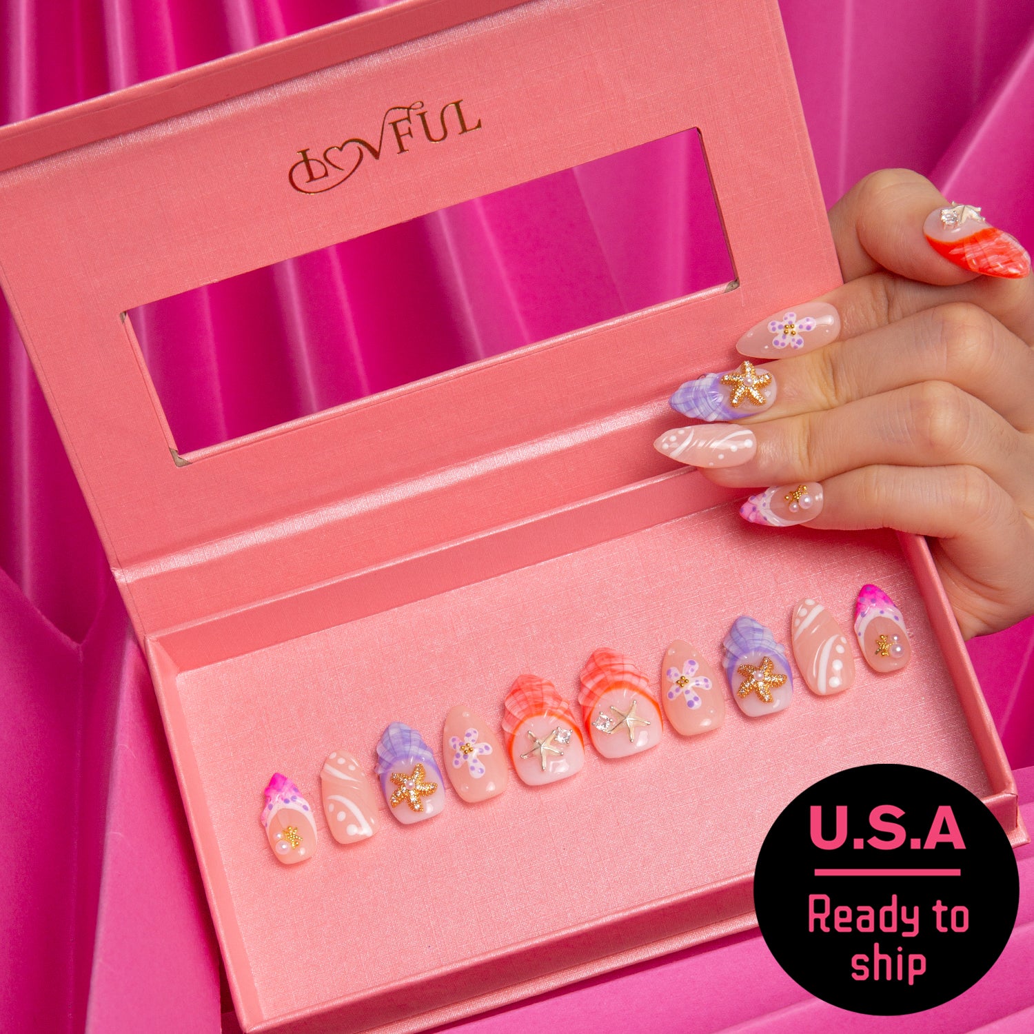 Coastal Sparkle Handmade Almond Nails H320 RTS