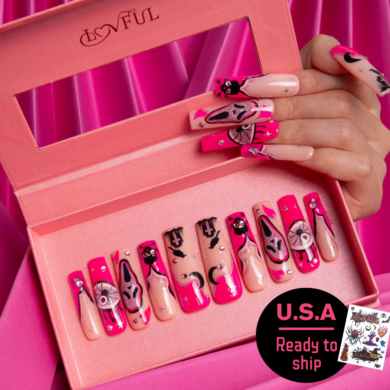 Pink Scream Handmade Square Nails GLOW IN THE DARK H338 RTS