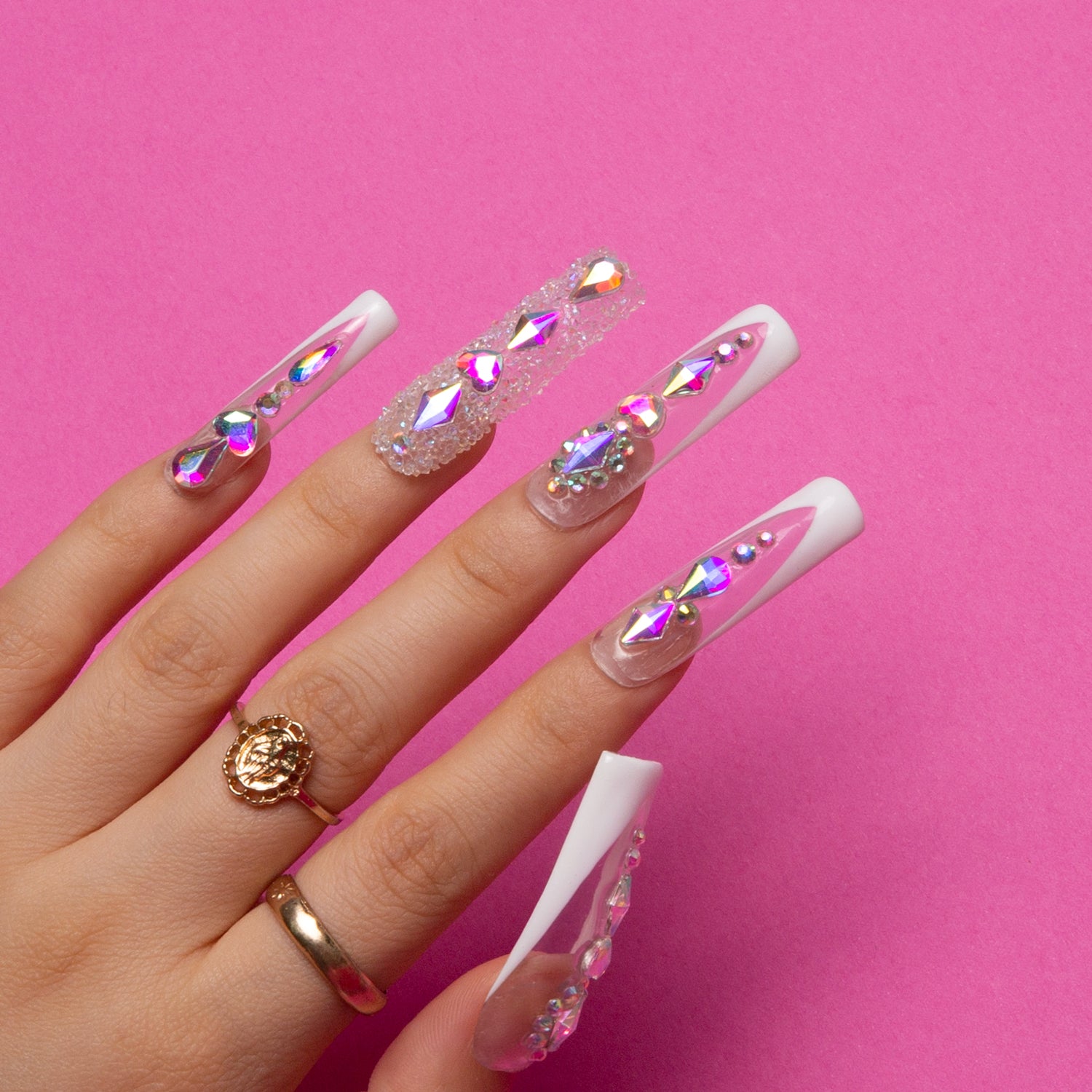 Aurora Light Square Press-On Nails with Gemstones